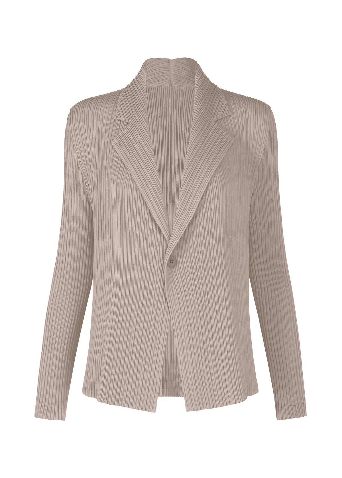 The HATCHING PLEATS jacket by ISSEY MIYAKE is beige, pleated, and tailored with long sleeves, a single button, and a textured finish made from recycled polyester. Shown against a plain white background. view 3 of 8