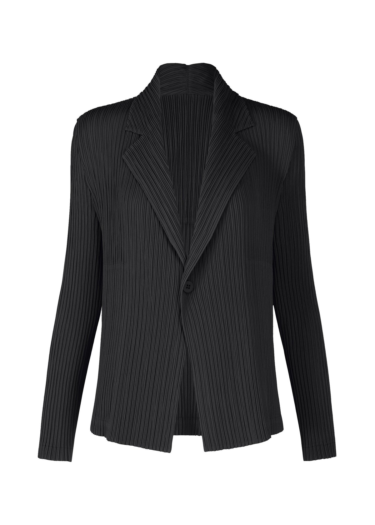 The ISSEY MIYAKE HATCHING PLEATS is a black, long-sleeved tailored jacket with a single button closure, textured pleated finish, notched lapel collar, and straight silhouette. view 2 of 8