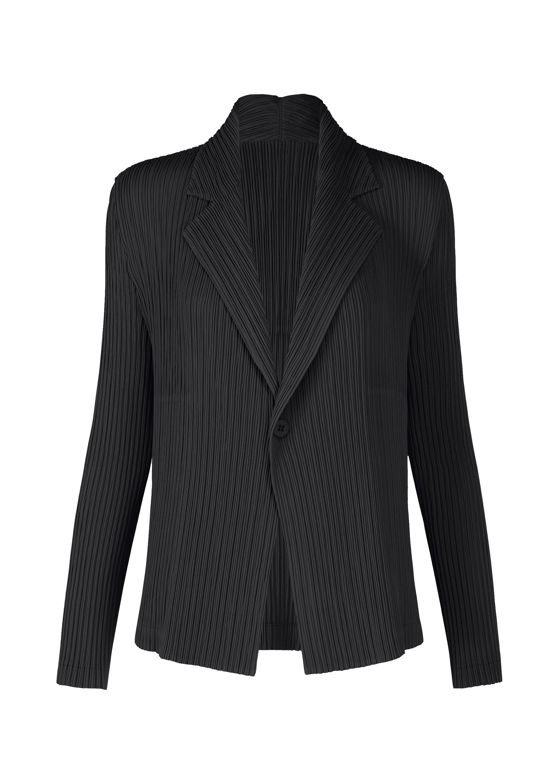 Zoomed view The ISSEY MIYAKE HATCHING PLEATS is a black, long-sleeved tailored jacket with a single button closure, textured pleated finish, notched lapel collar, and straight silhouette. - BLACK （no.15）