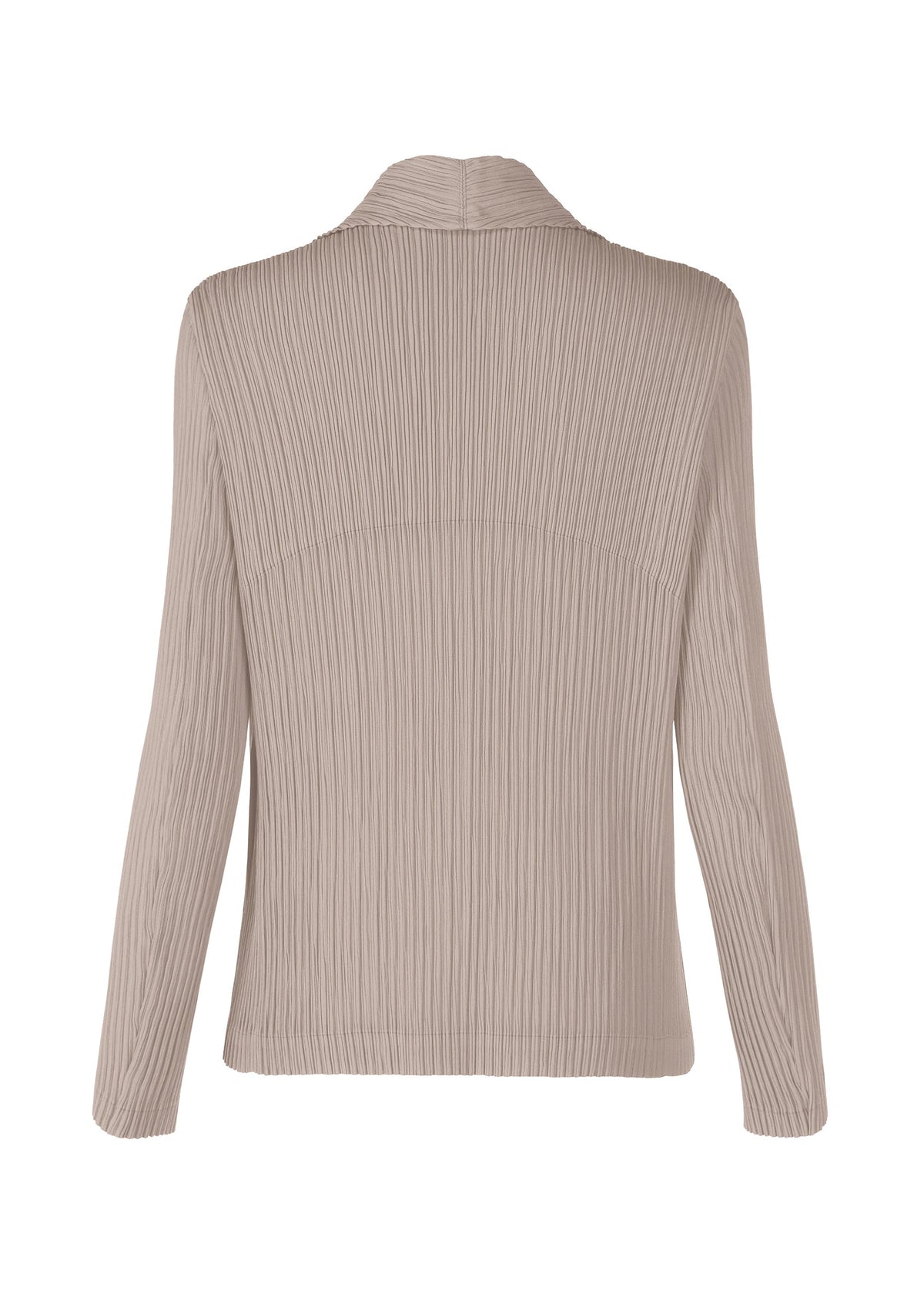 Back view of the ISSEY MIYAKE HATCHING PLEATS jacket in light beige, featuring pleats, ribbed texture, simple collar, straight hem, and no visible fastenings. Made from recycled polyester. view 4 of 8