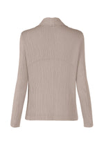 Back view of the ISSEY MIYAKE HATCHING PLEATS jacket in light beige, featuring pleats, ribbed texture, simple collar, straight hem, and no visible fastenings. Made from recycled polyester.