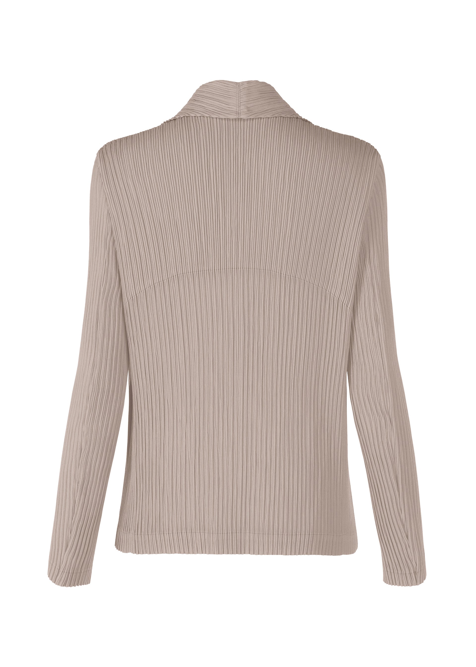 Zoomed view Back view of the ISSEY MIYAKE HATCHING PLEATS jacket in light beige, featuring pleats, ribbed texture, simple collar, straight hem, and no visible fastenings. Made from recycled polyester.