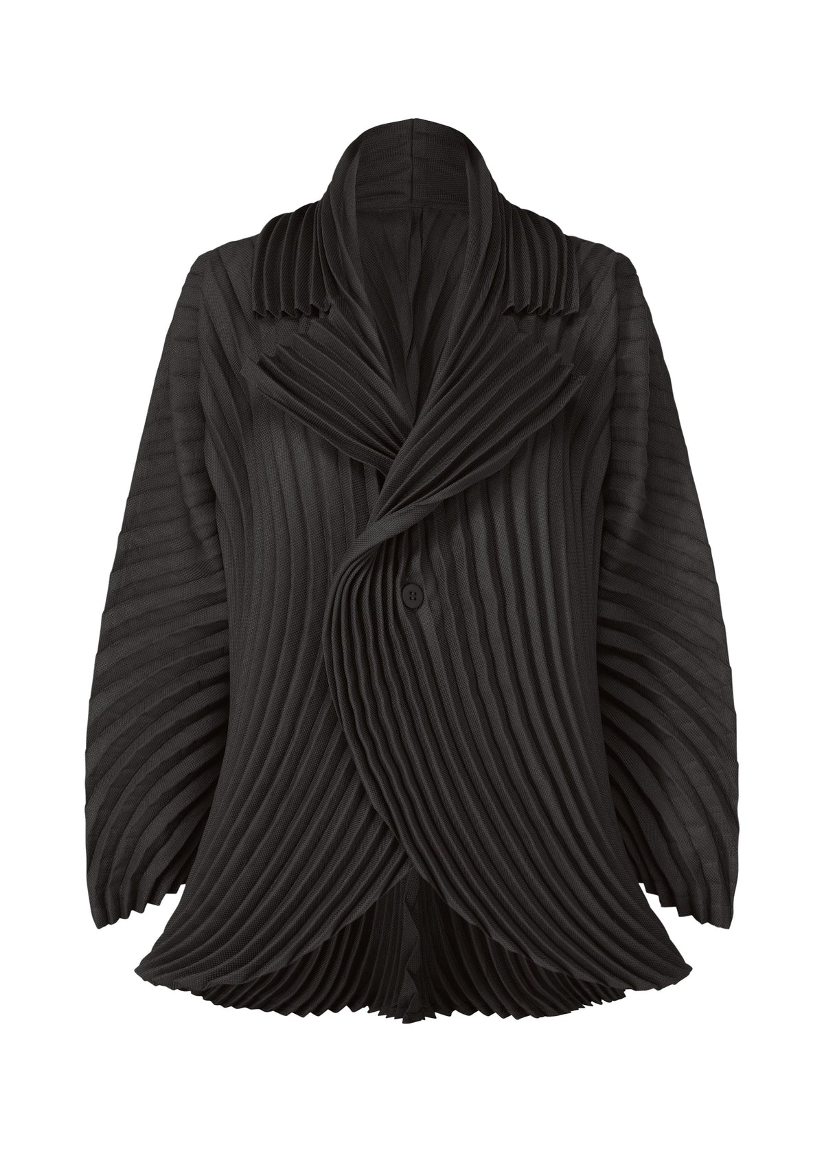 The CIRCLE PLEATS PB by ISSEY MIYAKE is a black, long-sleeved lightweight jacket made from plant-derived polyester, featuring dramatic handmade pleats, an asymmetrical front with one button, and textured wavy edges. view 2 of 6