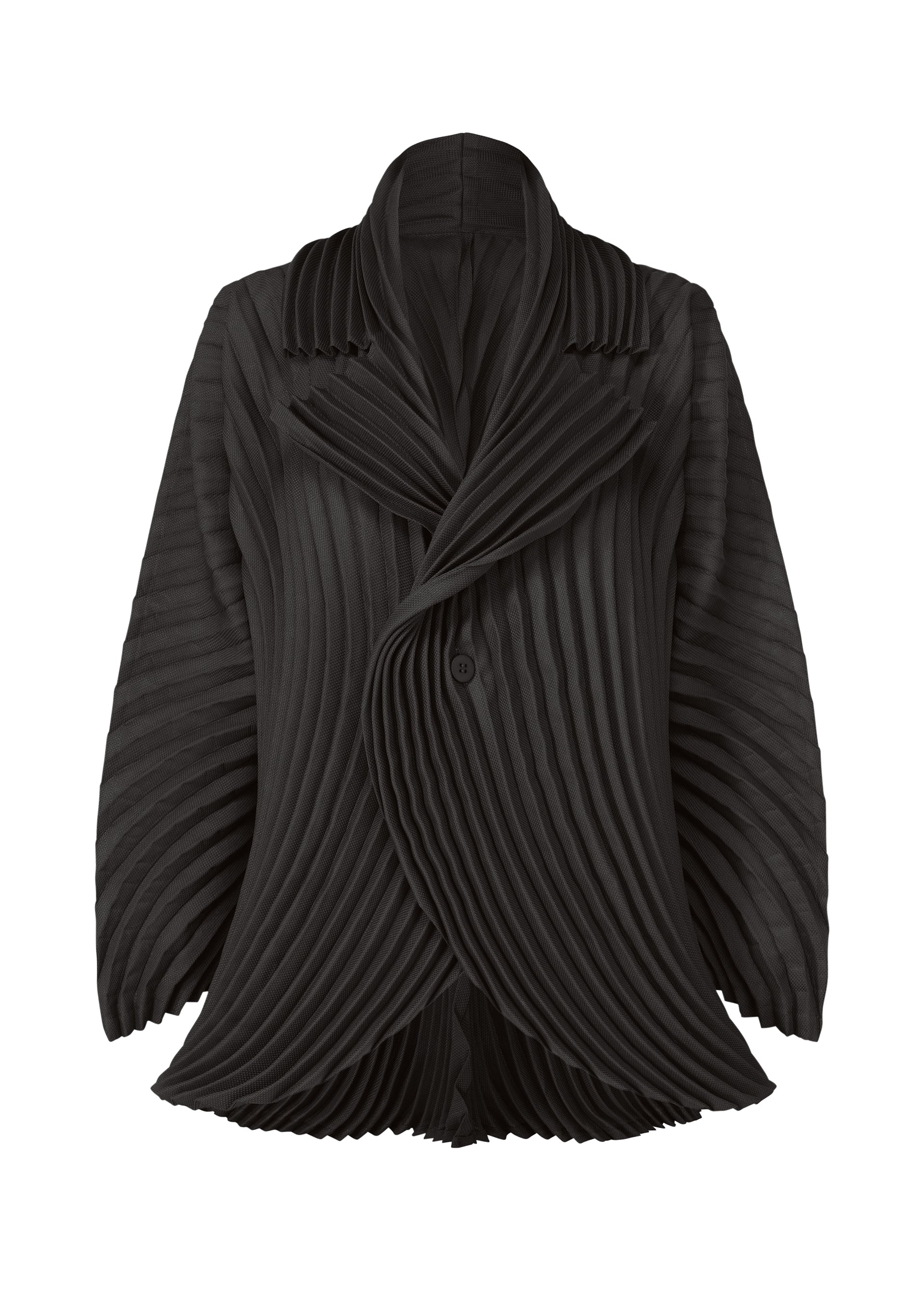 Zoomed view The CIRCLE PLEATS PB by ISSEY MIYAKE is a black, long-sleeved lightweight jacket made from plant-derived polyester, featuring dramatic handmade pleats, an asymmetrical front with one button, and textured wavy edges. - BLACK （no.15）