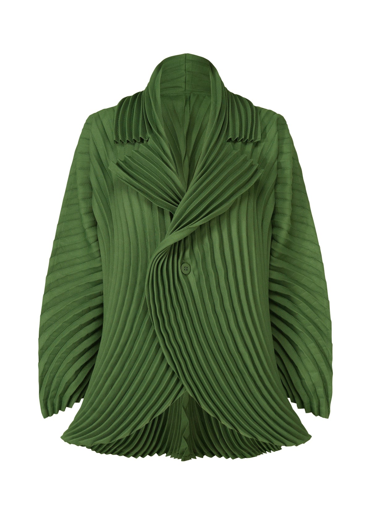 The ISSEY MIYAKE CIRCLE PLEATS PB is a green, long-sleeved lightweight jacket with handmade pleats, an asymmetrical closure, plant-derived polyester fabric, a single button, and a unique sculptural design. view 3 of 6
