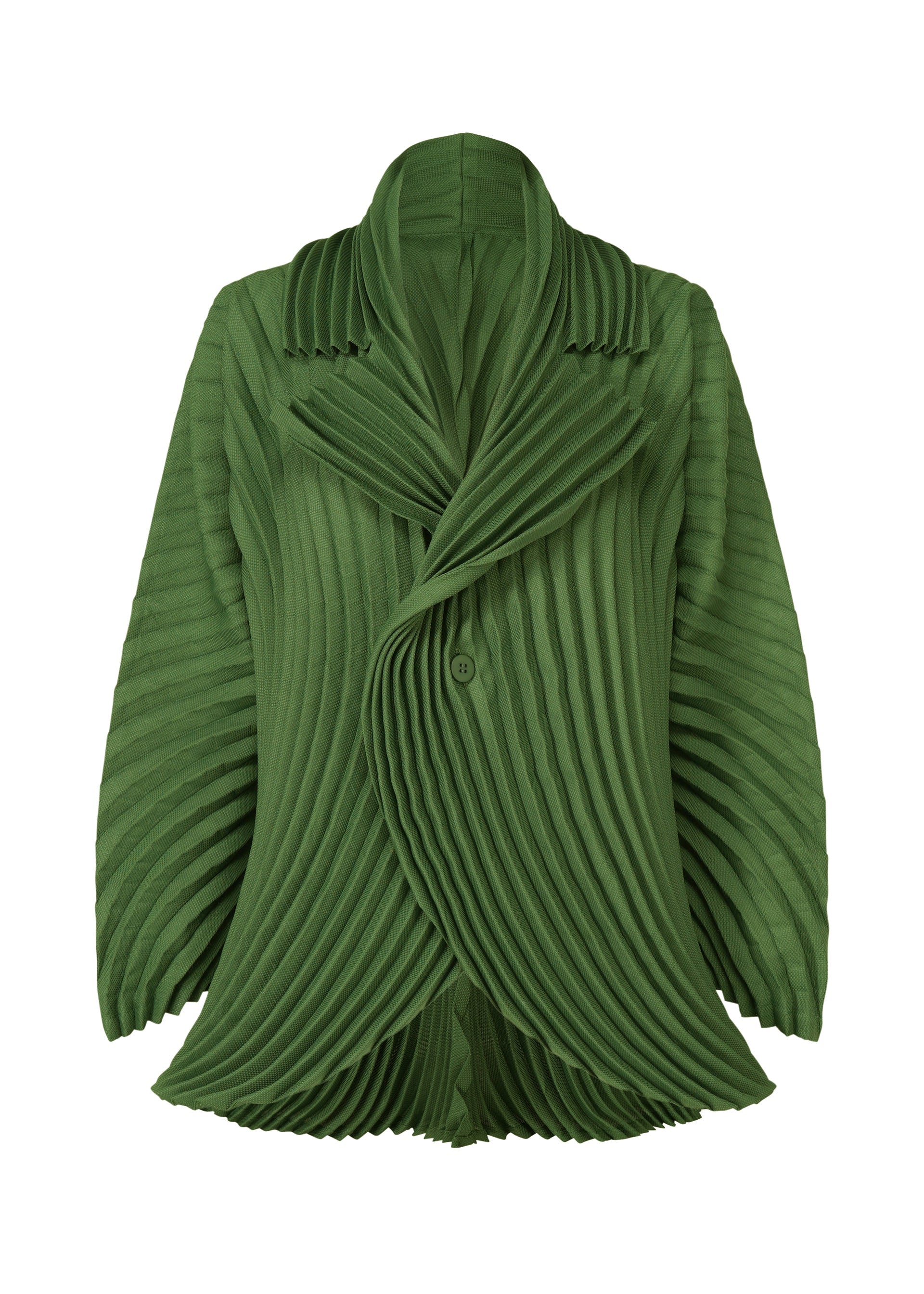 Zoomed view The ISSEY MIYAKE CIRCLE PLEATS PB is a green, long-sleeved lightweight jacket with handmade pleats, an asymmetrical closure, plant-derived polyester fabric, a single button, and a unique sculptural design. - DARK GREEN （no.63）