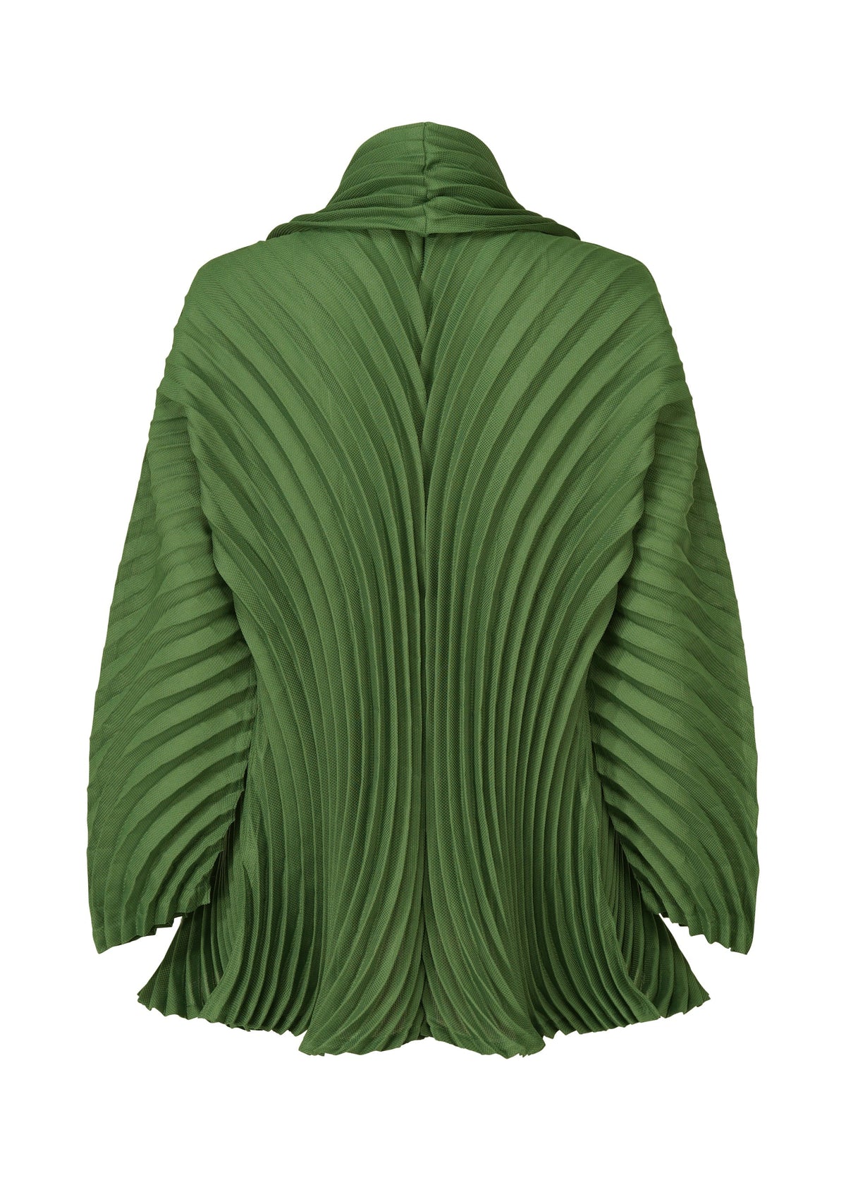 The ISSEY MIYAKE CIRCLE PLEATS PB is a green, lightweight jacket featuring a high collar and dramatic, handmade fan-like pleats radiating from the center back for a sculptural, structured look. view 4 of 6