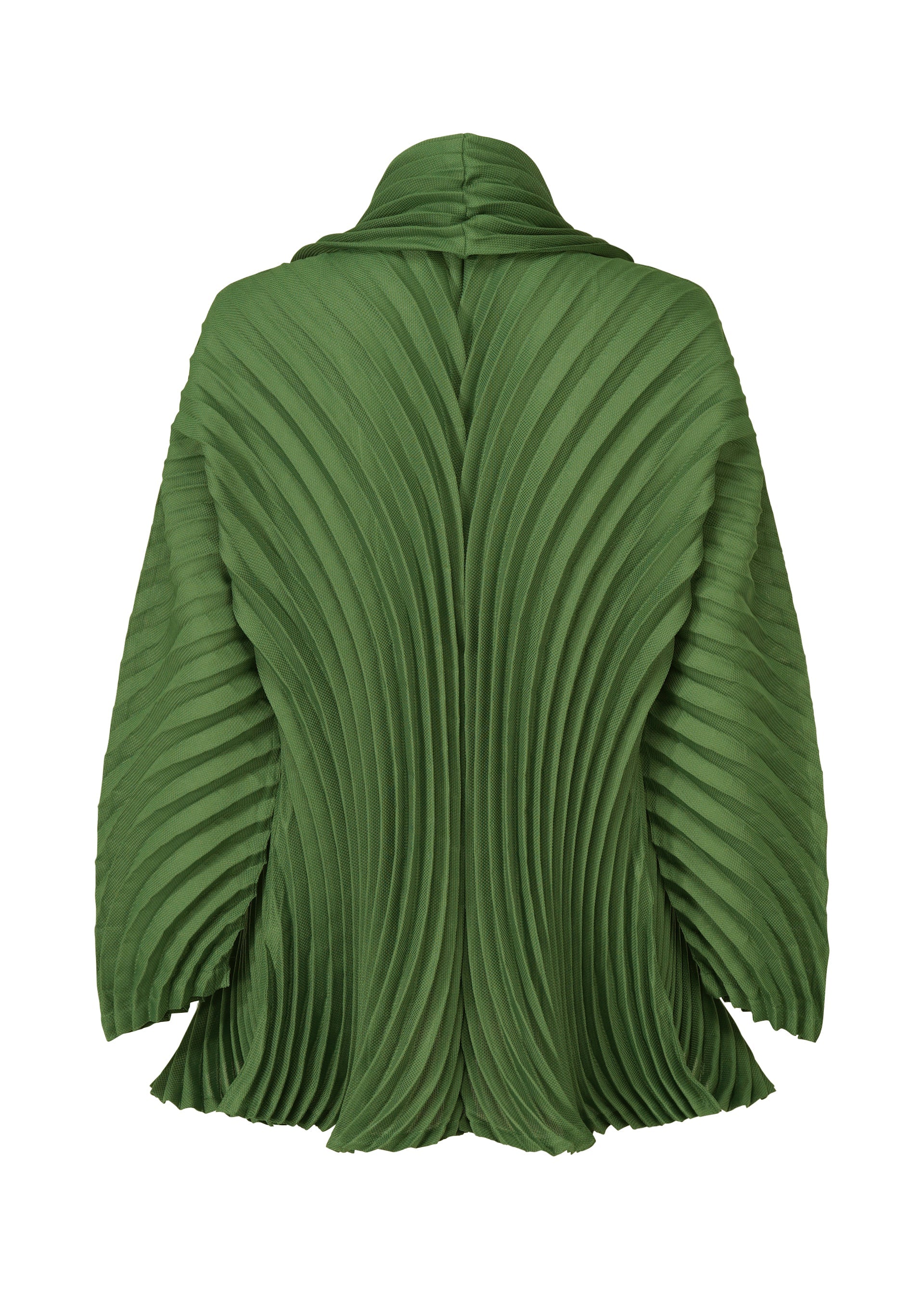 Zoomed view The ISSEY MIYAKE CIRCLE PLEATS PB is a green, lightweight jacket featuring a high collar and dramatic, handmade fan-like pleats radiating from the center back for a sculptural, structured look.