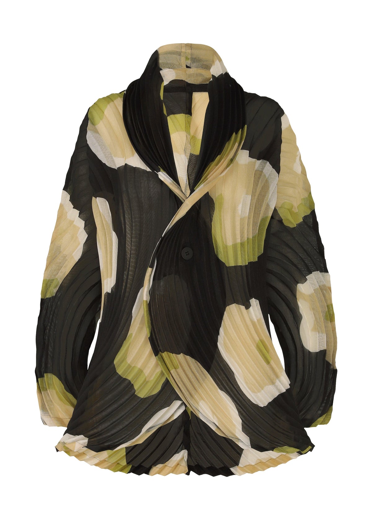 The VERVE jacket by ISSEY MIYAKE features handmade pleats, an abstract hand-drawn floral pattern in black, green, beige, and white, a single button closure, and a shawl collar. view 1 of 9