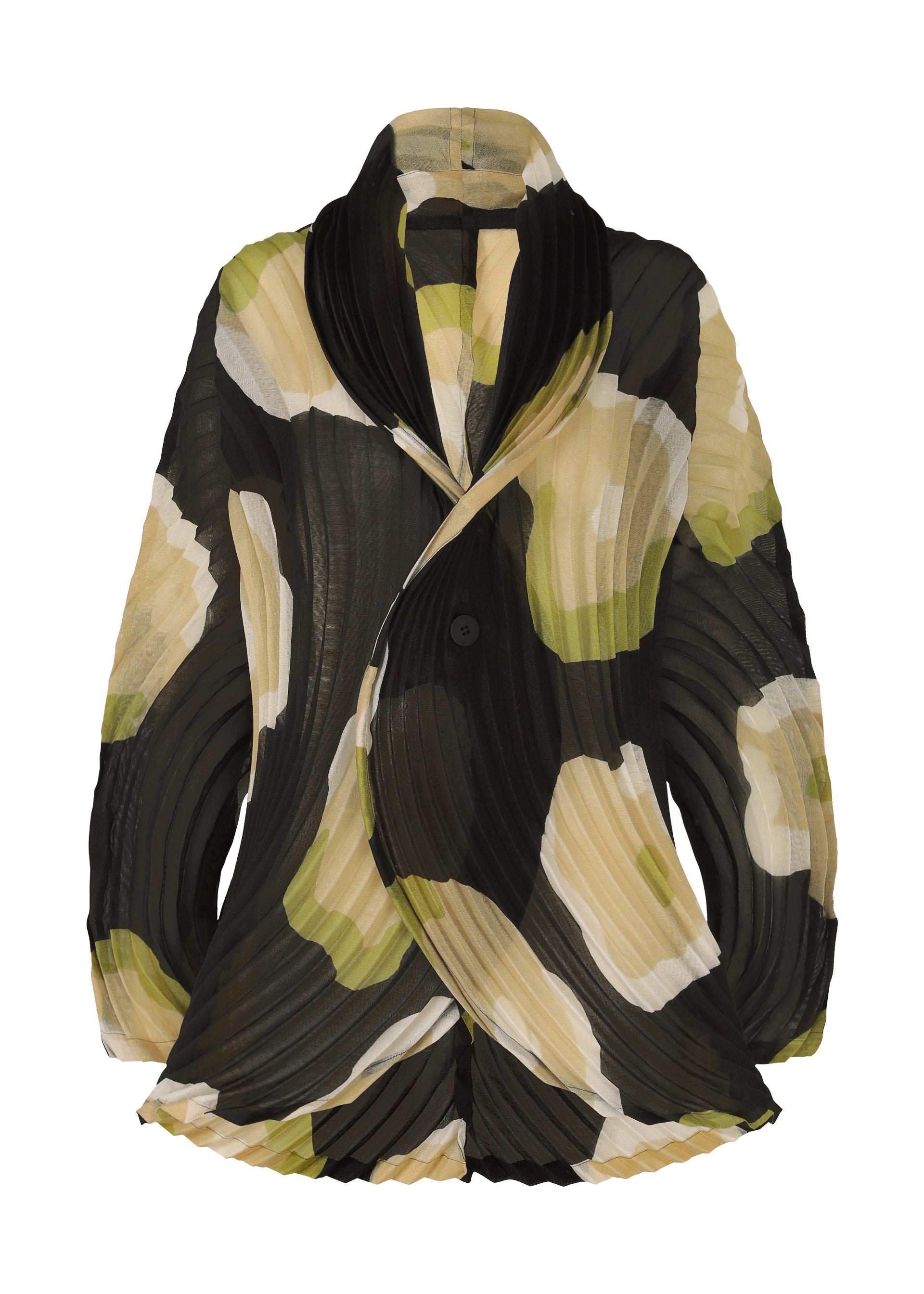 Zoomed view The VERVE jacket by ISSEY MIYAKE features handmade pleats, an abstract hand-drawn floral pattern in black, green, beige, and white, a single button closure, and a shawl collar. - BLACK-HUED （no.17）