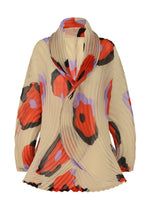 The ISSEY MIYAKE VERVE blouse features handmade pleats, long sleeves, and large hand-drawn floral patterns in red, purple, and black on cream. A draped asymmetrical front pairs with a soft, structured collar for bold elegance. - BEIGE-HUED （no.46）