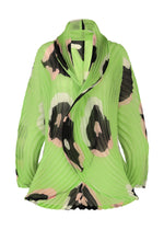 The ISSEY MIYAKE VERVE is a long-sleeved lime green blouse with handmade pleats, a draped collar, and abstract black, white, and blush pink hand-drawn floral patterns. - GREEN-HUED （no.66）