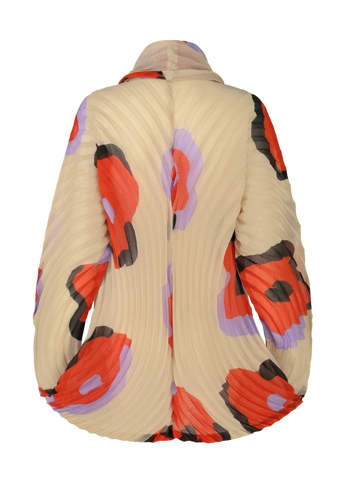 The VERVE jacket by ISSEY MIYAKE is cream-colored with a high collar and handmade pleats. Bold red, black, and lavender hand-drawn florals enhance its textured elegance. Shown from the back. view 4 of 9