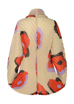 The VERVE jacket by ISSEY MIYAKE is cream-colored with a high collar and handmade pleats. Bold red, black, and lavender hand-drawn florals enhance its textured elegance. Shown from the back.