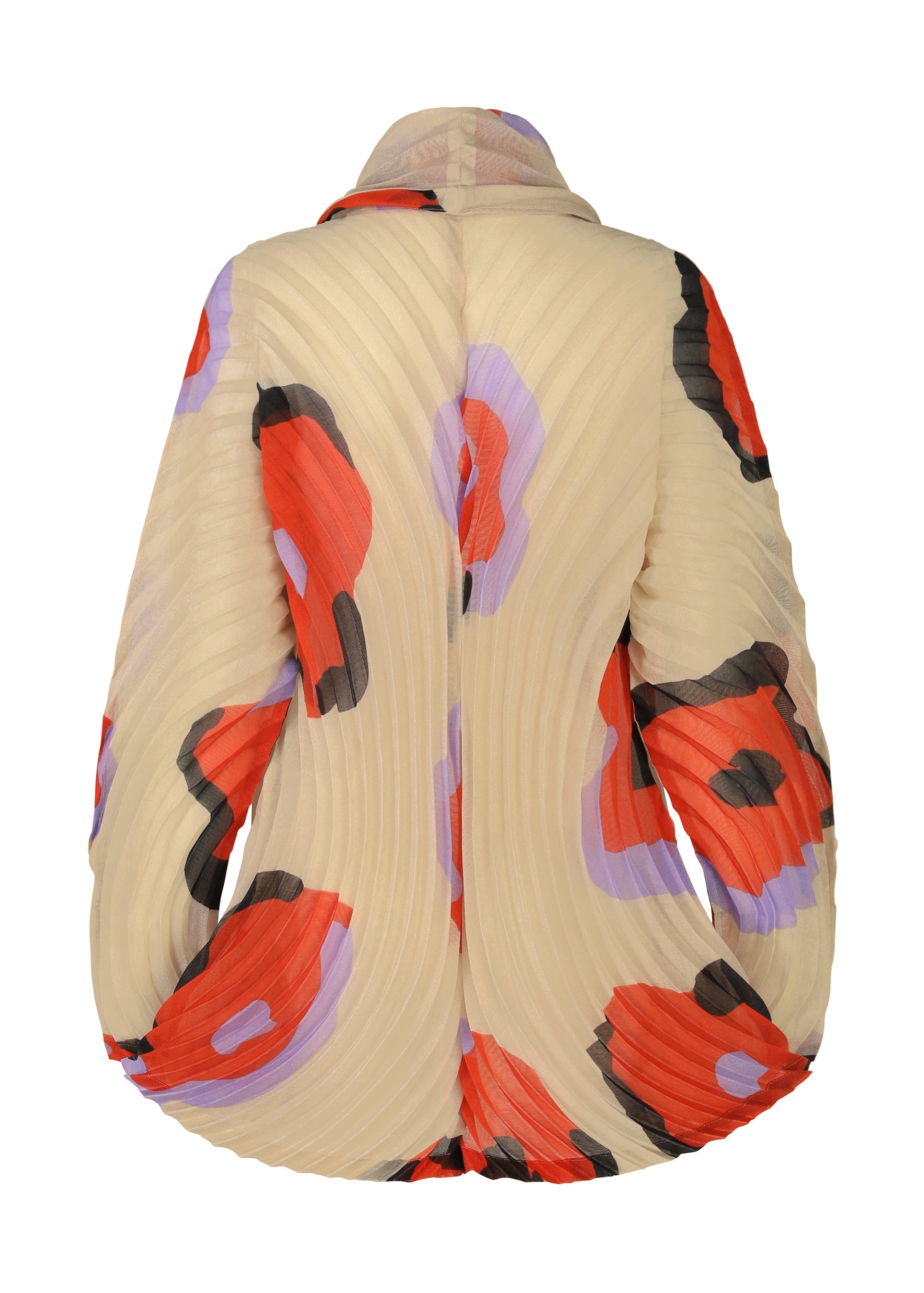 Zoomed view The VERVE jacket by ISSEY MIYAKE is cream-colored with a high collar and handmade pleats. Bold red, black, and lavender hand-drawn florals enhance its textured elegance. Shown from the back.