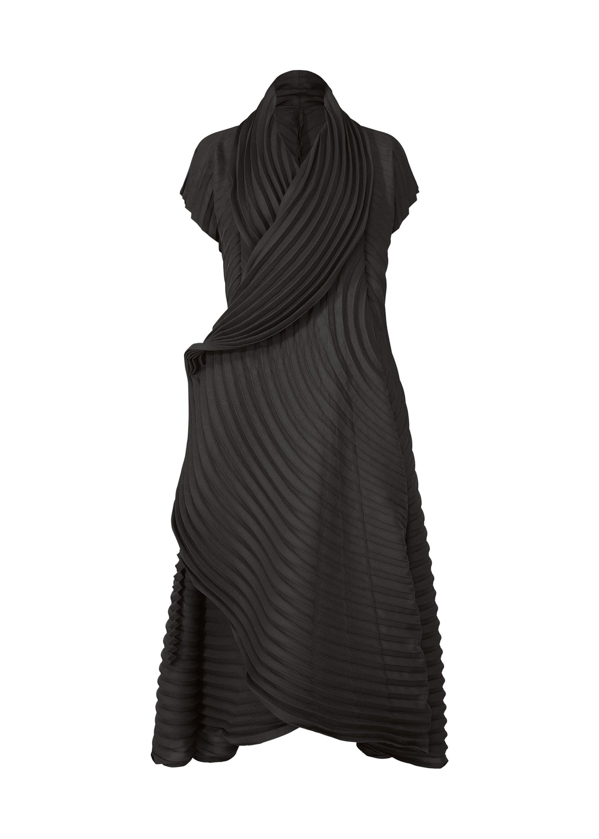 The CIRCLE PLEATS PB dress by ISSEY MIYAKE is a black, knee-length, short-sleeved piece with handmade textured pleats and a draped, layered design in plant-derived polyester, shown on a plain white background. view 2 of 6