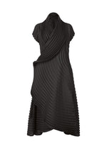 The CIRCLE PLEATS PB dress by ISSEY MIYAKE is a black, knee-length, short-sleeved piece with handmade textured pleats and a draped, layered design in plant-derived polyester, shown on a plain white background. - BLACK （no.15）