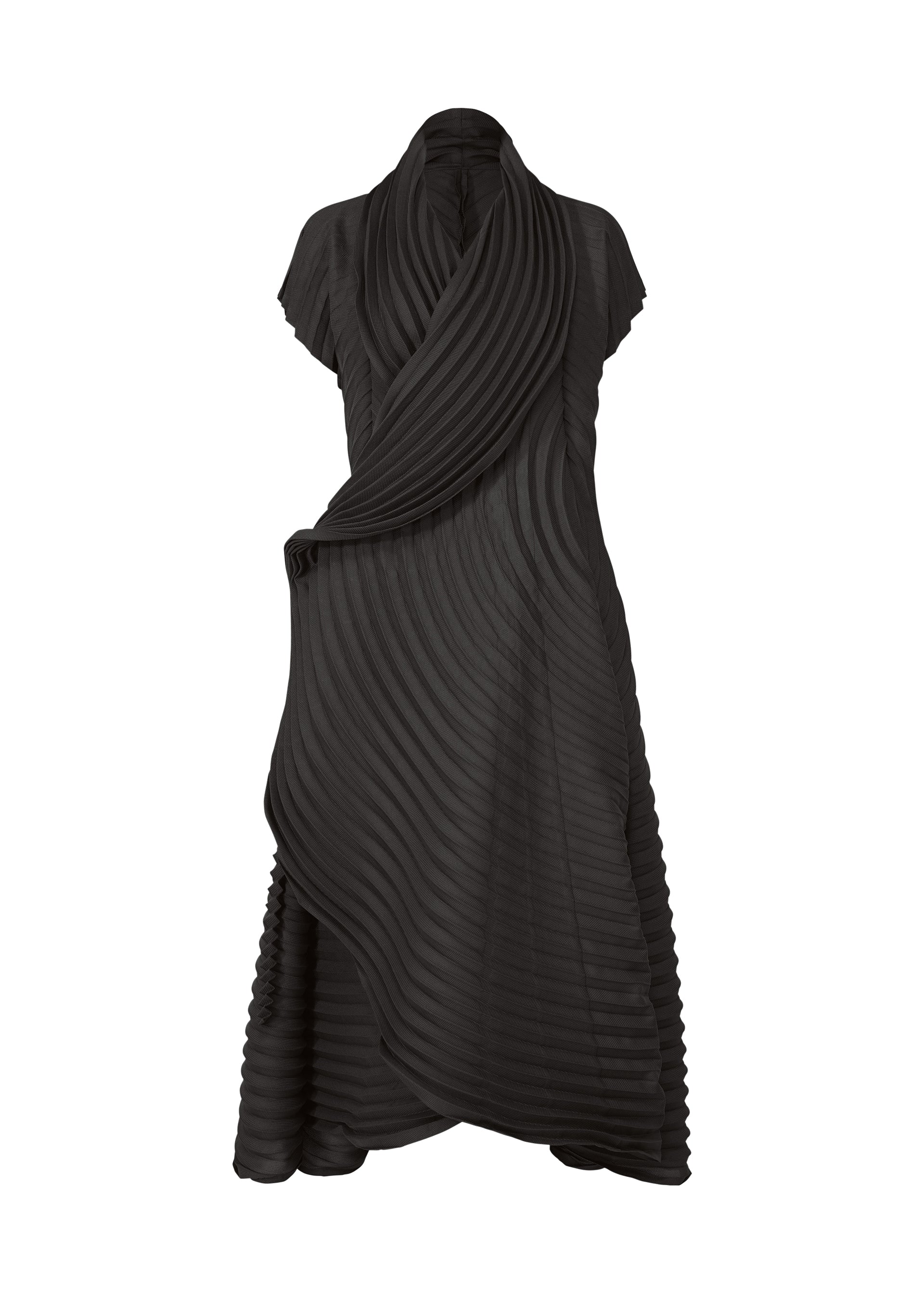 Zoomed view The CIRCLE PLEATS PB dress by ISSEY MIYAKE is a black, knee-length, short-sleeved piece with handmade textured pleats and a draped, layered design in plant-derived polyester, shown on a plain white background. - BLACK （no.15）
