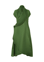 The ISSEY MIYAKE CIRCLE PLEATS PB is a green, knee-length dress with short sleeves and handmade pleats in a sculptural, spiral design, crafted from plant-derived polyester for a unique textured look. - DARK GREEN （no.63）