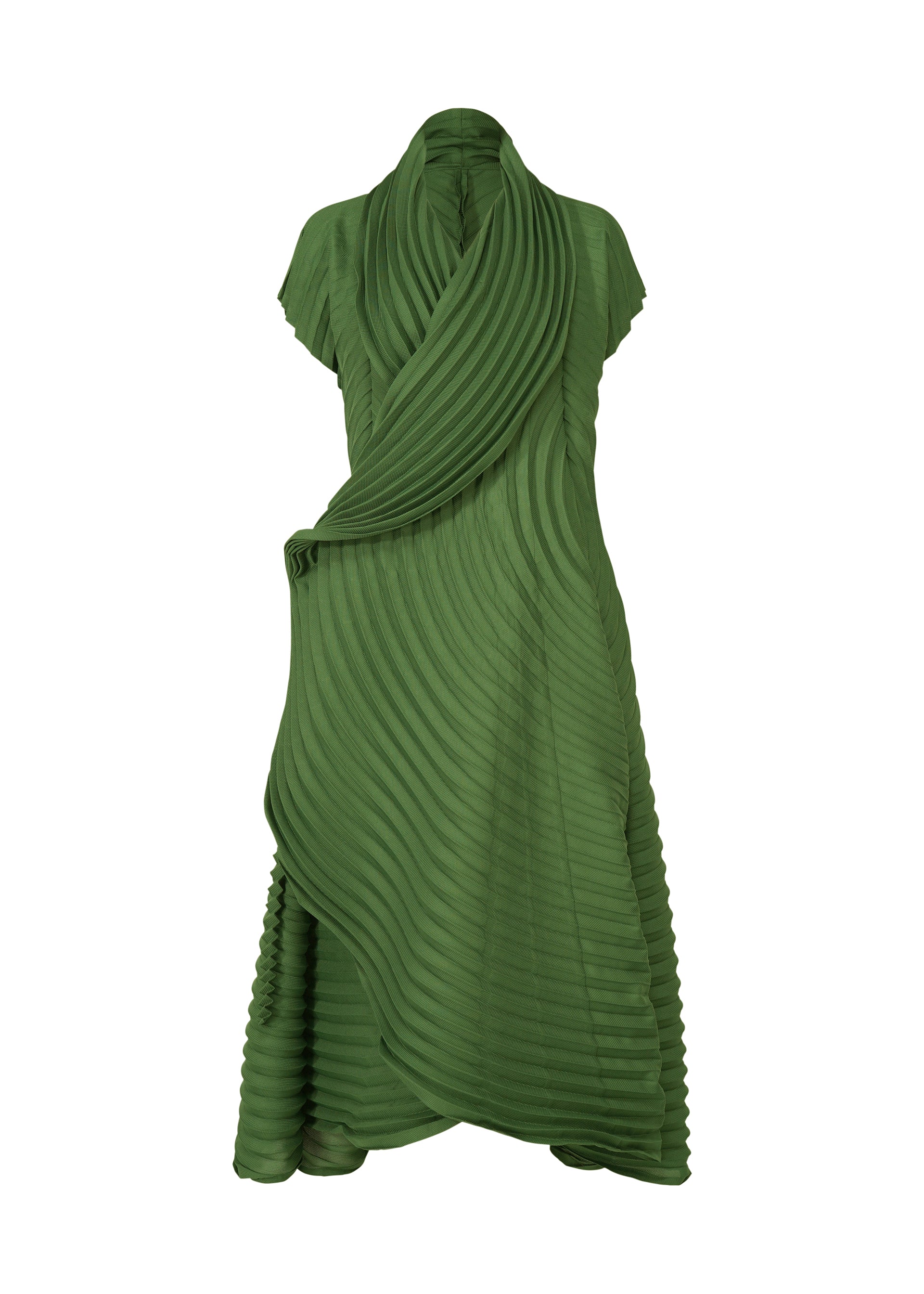 Zoomed view The ISSEY MIYAKE CIRCLE PLEATS PB is a green, knee-length dress with short sleeves and handmade pleats in a sculptural, spiral design, crafted from plant-derived polyester for a unique textured look. - DARK GREEN （no.63）