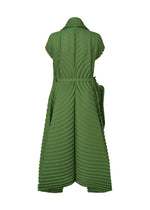 The CIRCLE PLEATS PB by ISSEY MIYAKE is a long, sleeveless green dress in plant-derived polyester, with handmade wave-like pleats and a high collar, shown from the back against a plain white background.