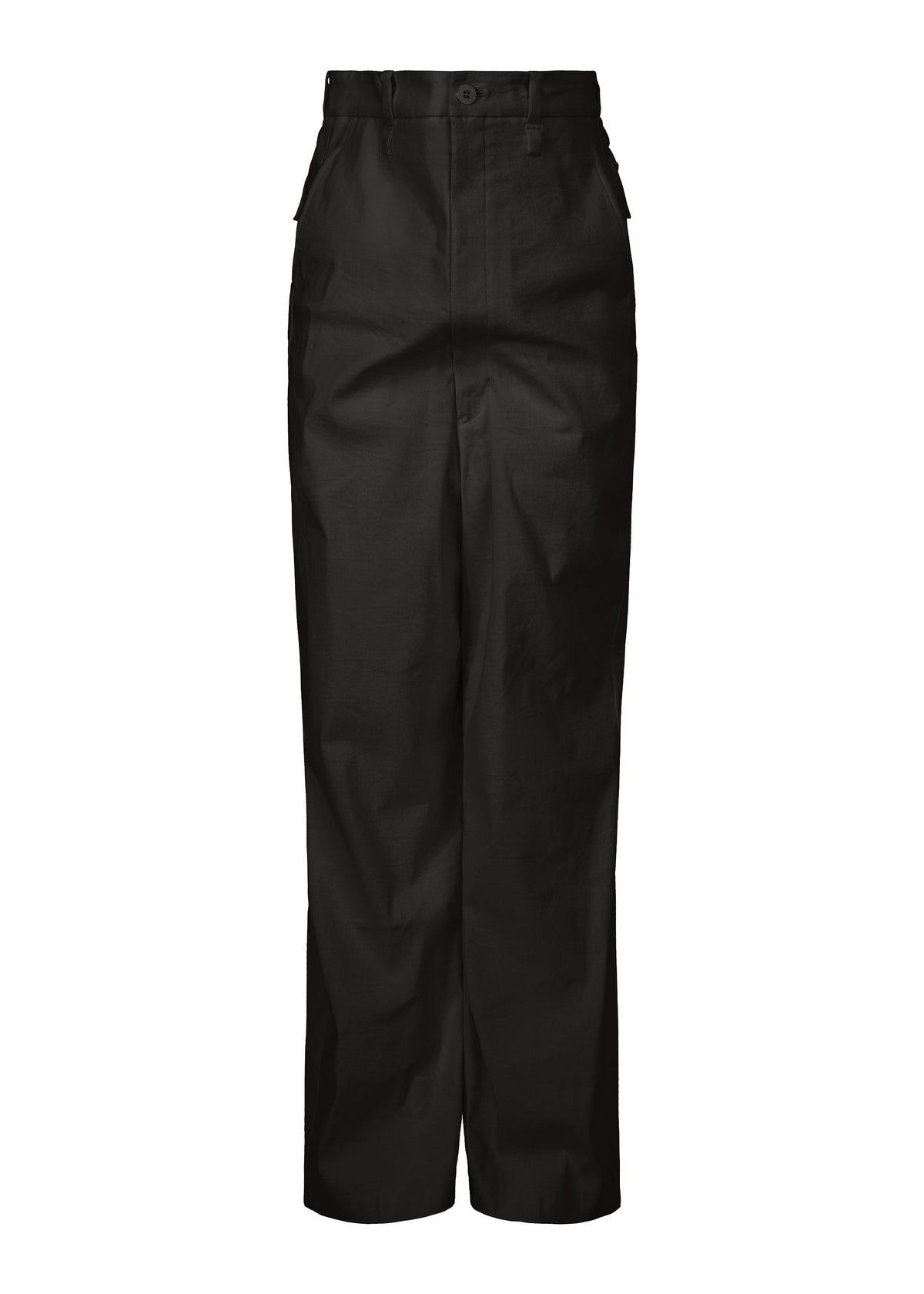 The ISSEY MIYAKE GENERIC WEAR features high-waisted pants with button and zipper closure, straight legs, and side pockets—offering elegance and versatility. Displayed on a plain white background. view 1 of 7