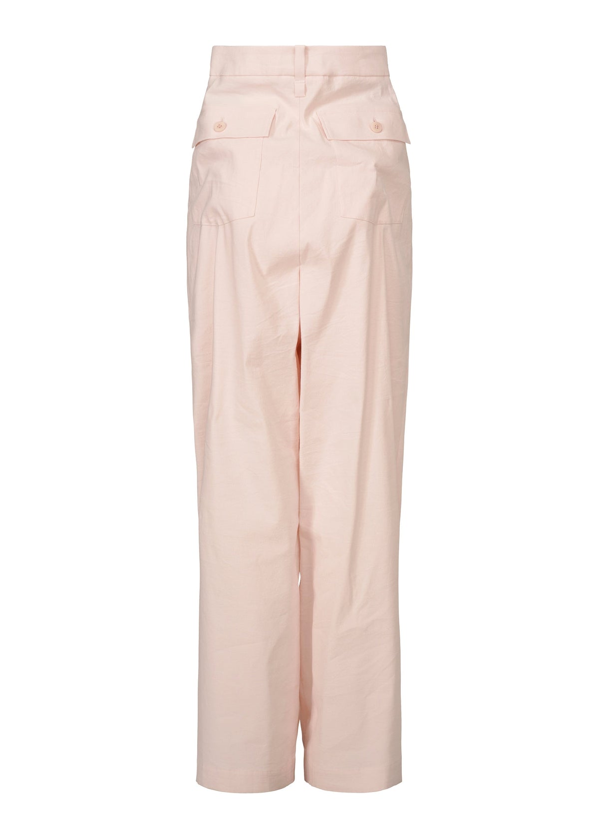 The GENERIC WEAR pants by ISSEY MIYAKE feature a light pink high-waisted design, wide legs, and two flap pockets with buttons near the waistband—a playful style perfect for making a statement. view 2 of 7