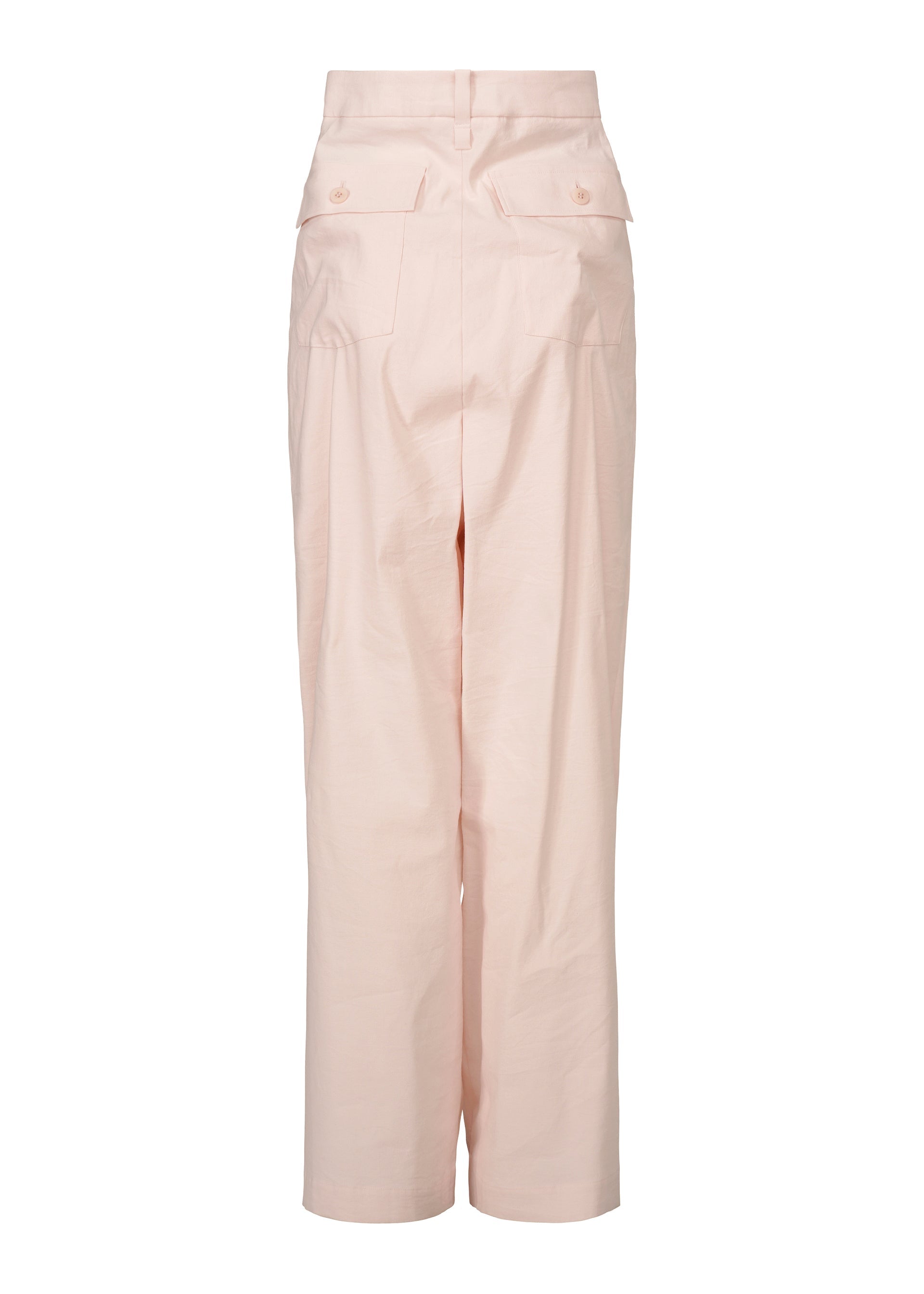 Zoomed view The GENERIC WEAR pants by ISSEY MIYAKE feature a light pink high-waisted design, wide legs, and two flap pockets with buttons near the waistband—a playful style perfect for making a statement.
