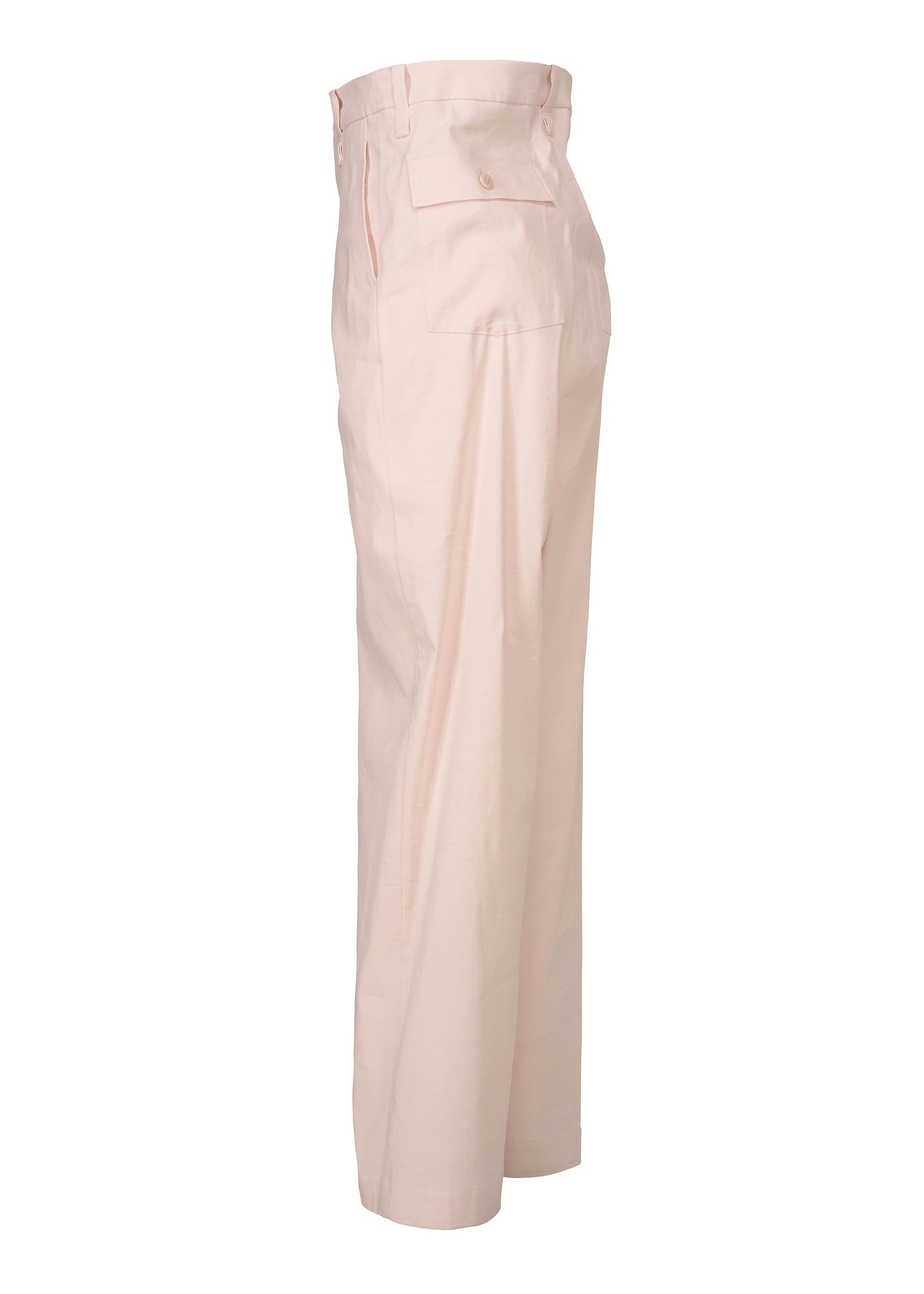 Zoomed view The GENERIC WEAR pants by ISSEY MIYAKE are light pink, high-waisted, and straight-legged, shown from the side with a button flap back pocket, belt loops, and tailored seams for a playful yet polished look.