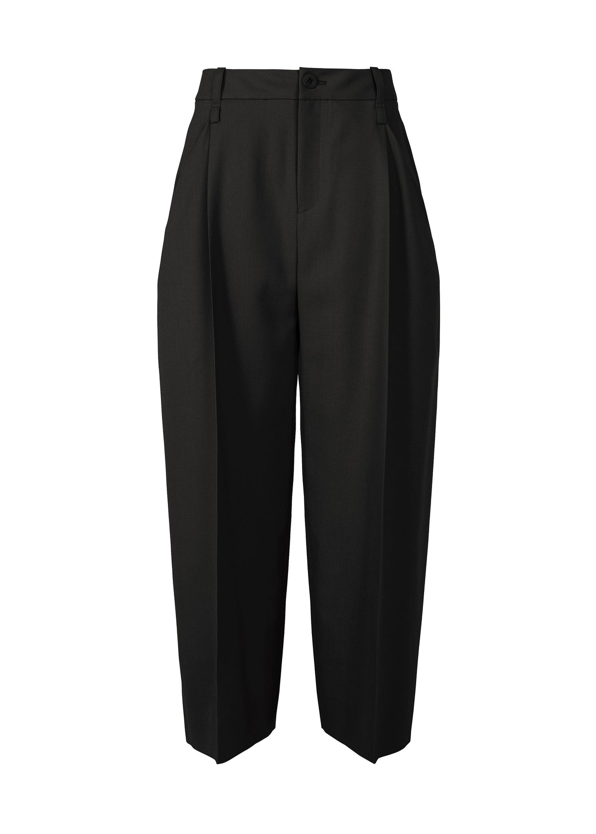 The BELTED WOOL PANTS by ISSEY MIYAKE are high-waisted, wide-leg, loose-fit pants made from a washable wool blend with front pleats and a button closure, shown against a white background. view 1 of 4