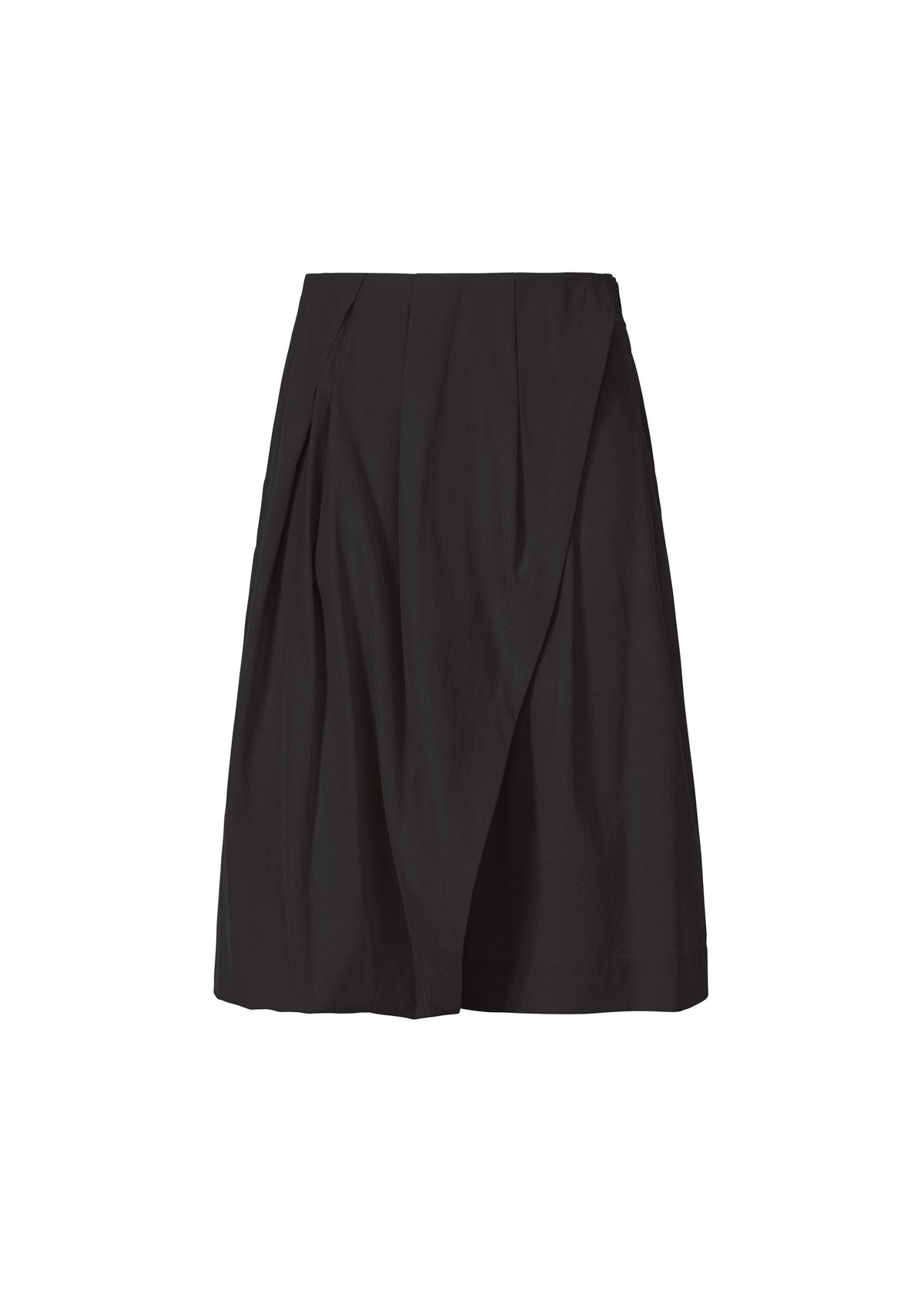 LOOPED by ISSEY MIYAKE is a black, knee-length pleated skirt featuring a unique belt loop and front wrap detail crafted in stretch fabric, shown against a white background. view 1 of 8