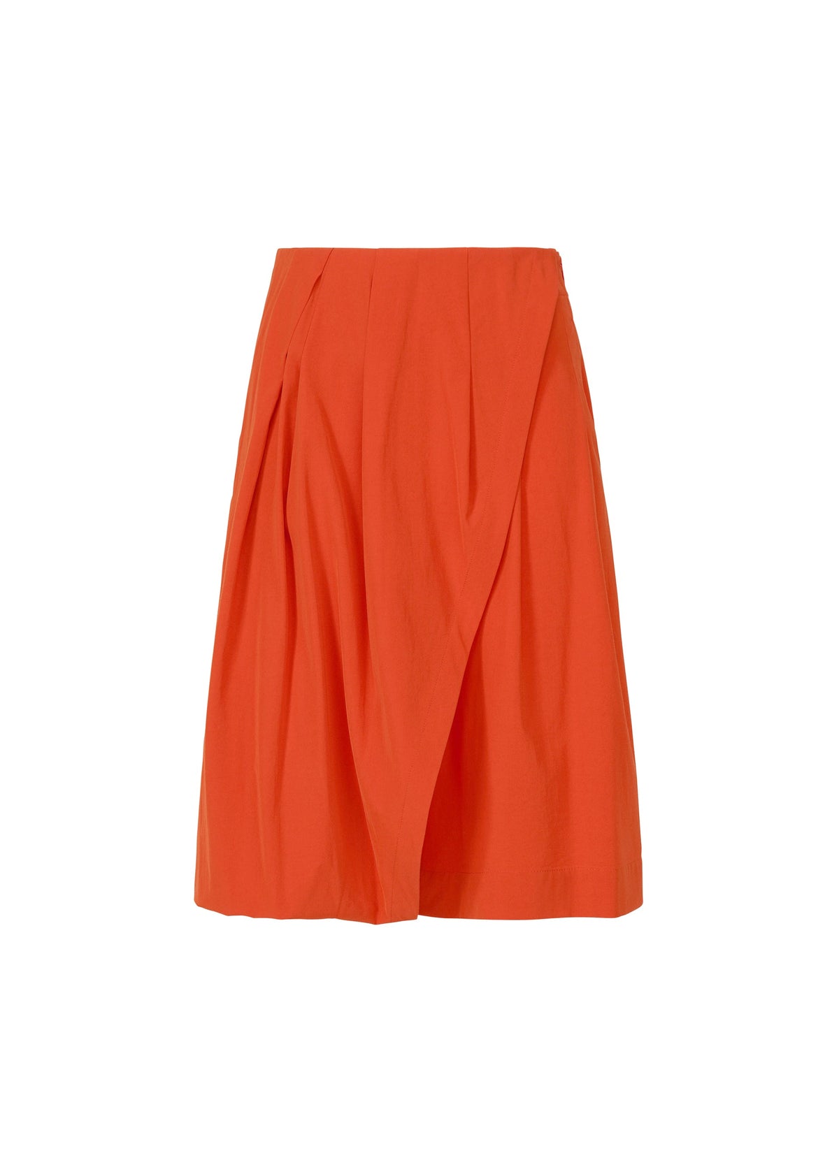 The ISSEY MIYAKE LOOPED skirt is an orange, knee-length wrap-style with a pleated front, unique belt loop detail, and stretch fabric, shown against a white background. view 2 of 8