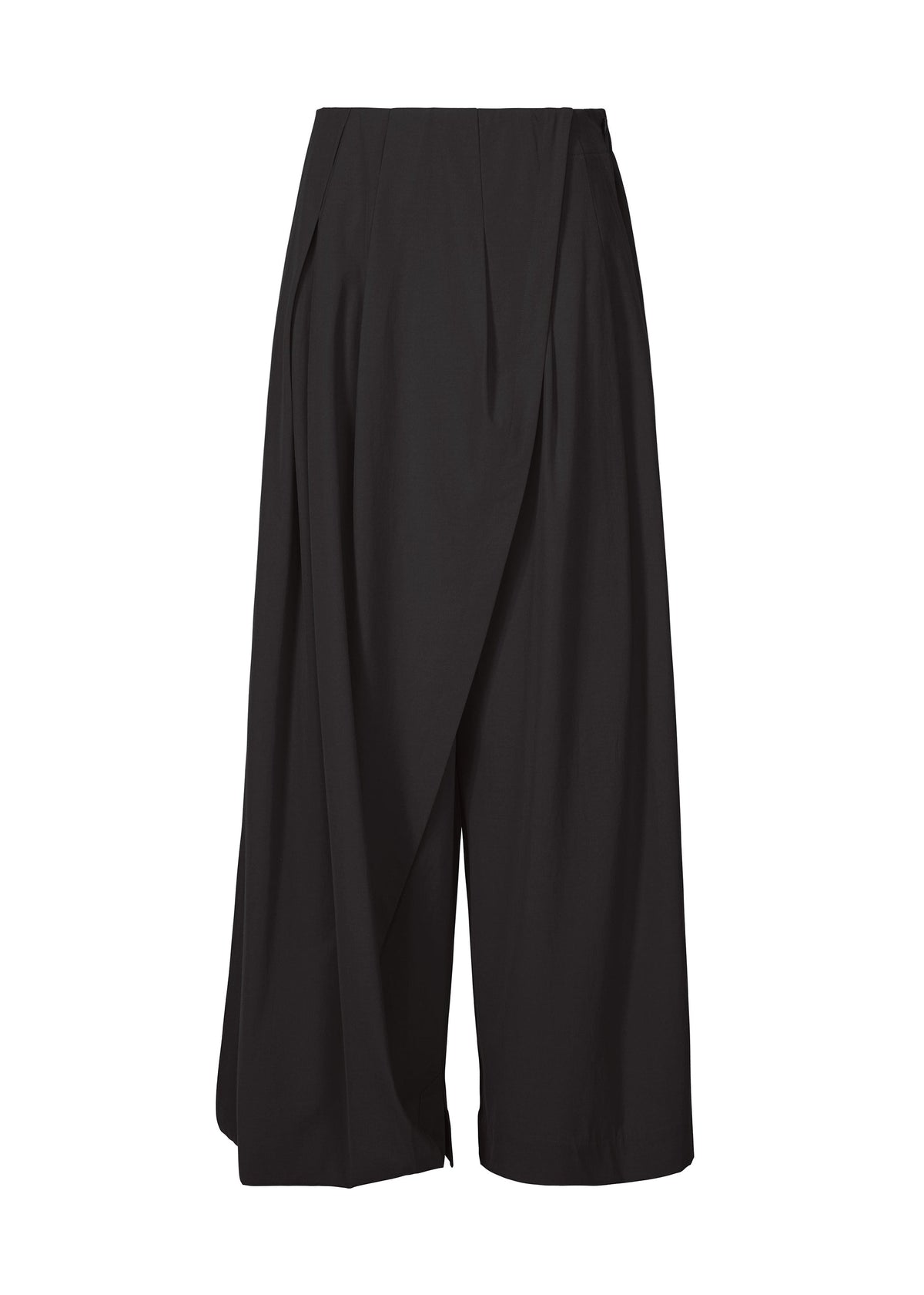 The ISSEY MIYAKE LOOPED culottes feature a wide-leg cut, asymmetrical layered front, waist pleats, and mid-calf length. These drapey black stretch pants combine comfort with style and are showcased on a plain white background. view 1 of 9