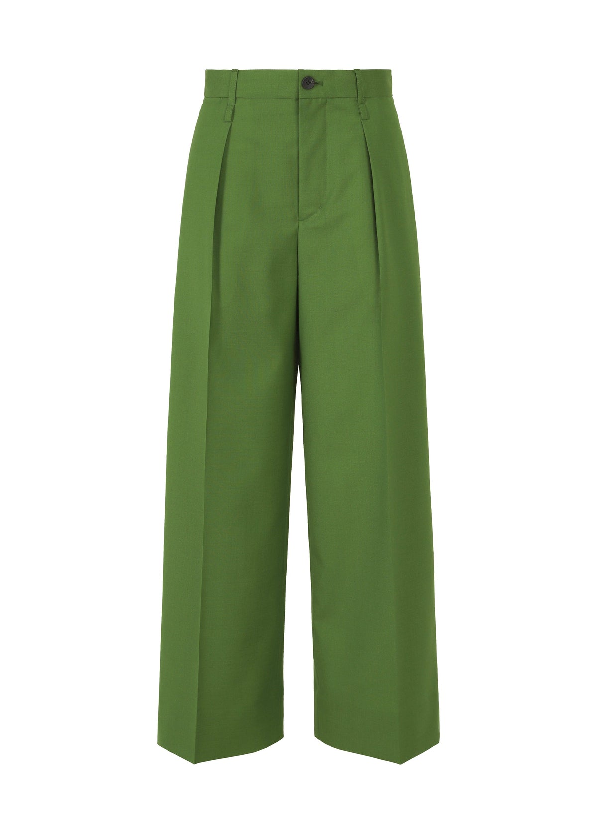 ISSEY MIYAKE’s PALINDROME trousers are high-waisted, wide-leg, and green with front pleats, a button and zip closure, side pockets, and a unique design. Shown against a plain white background. view 3 of 15