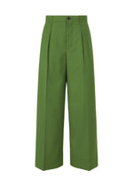 ISSEY MIYAKE’s PALINDROME trousers are high-waisted, wide-leg, and green with front pleats, a button and zip closure, side pockets, and a unique design. Shown against a plain white background. - DARK GREEN （no.63）