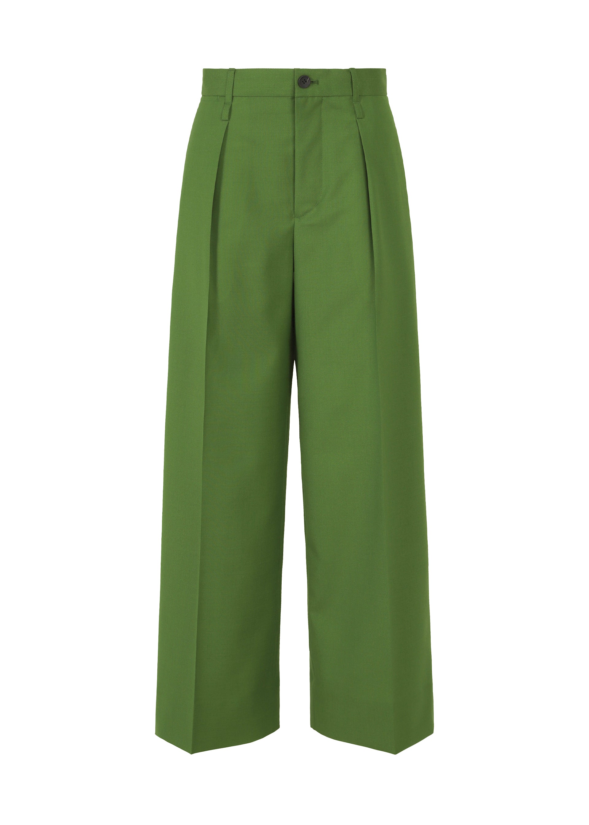 Zoomed view ISSEY MIYAKE’s PALINDROME trousers are high-waisted, wide-leg, and green with front pleats, a button and zip closure, side pockets, and a unique design. Shown against a plain white background. - DARK GREEN （no.63）
