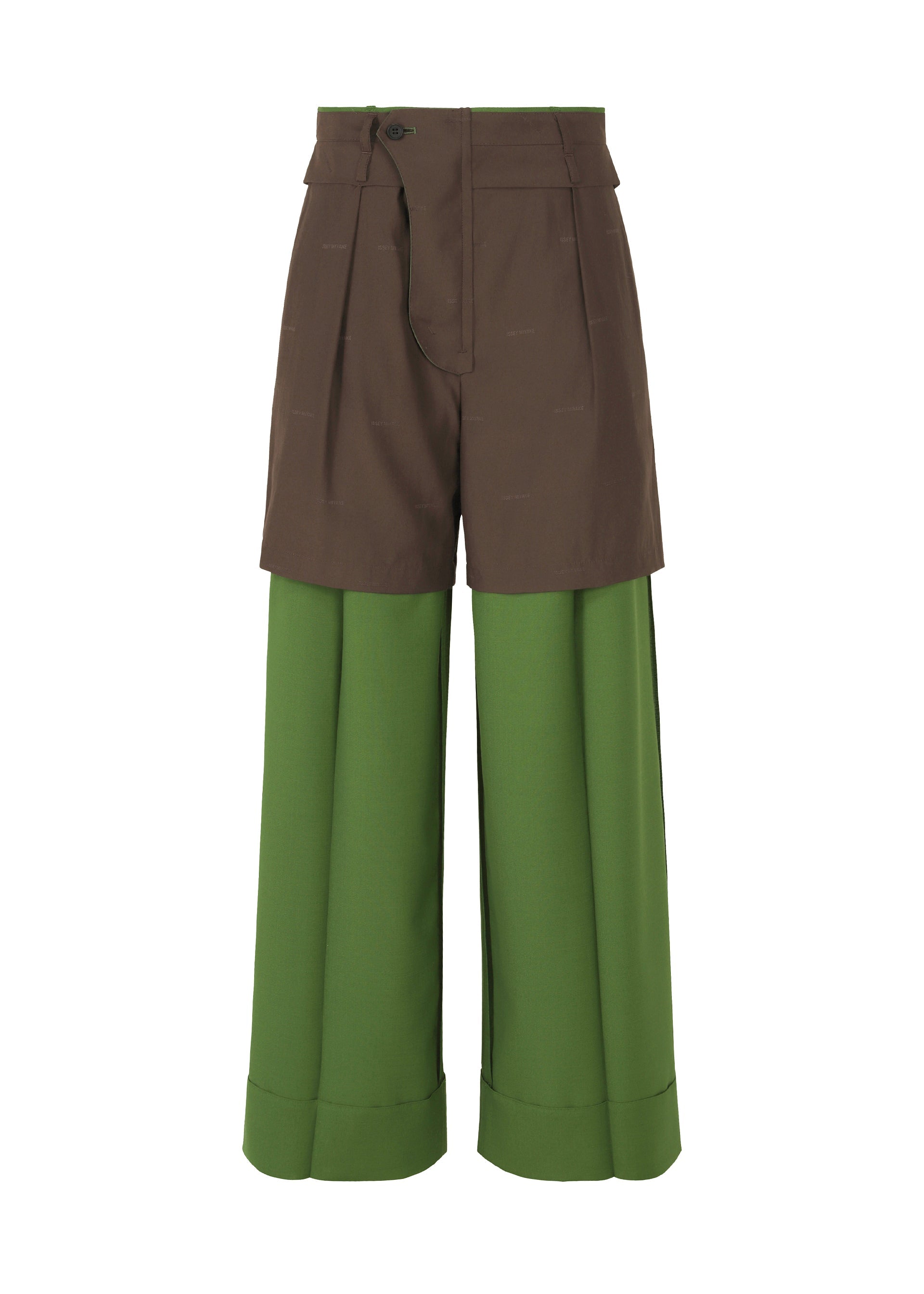Zoomed view PALINDROME high-waisted pants by ISSEY MIYAKE feature wide olive legs, layered brown shorts, a visible front fly, cuffed hems, and tailored seams—offering a modern, layered design inspired by the brand’s innovative style.