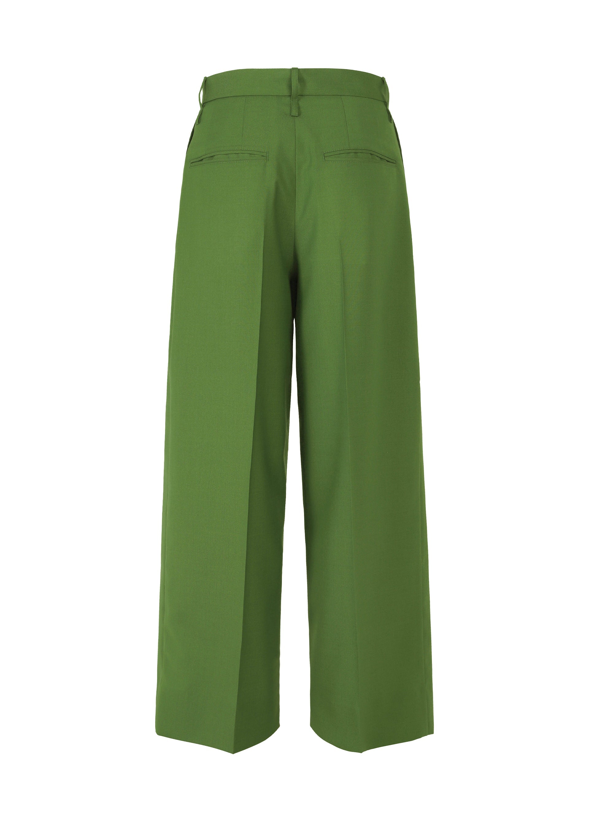Zoomed view Back view of ISSEY MIYAKE's PALINDROME wide-leg green trousers, featuring belt loops and two back welt pockets, shown against a plain white background.