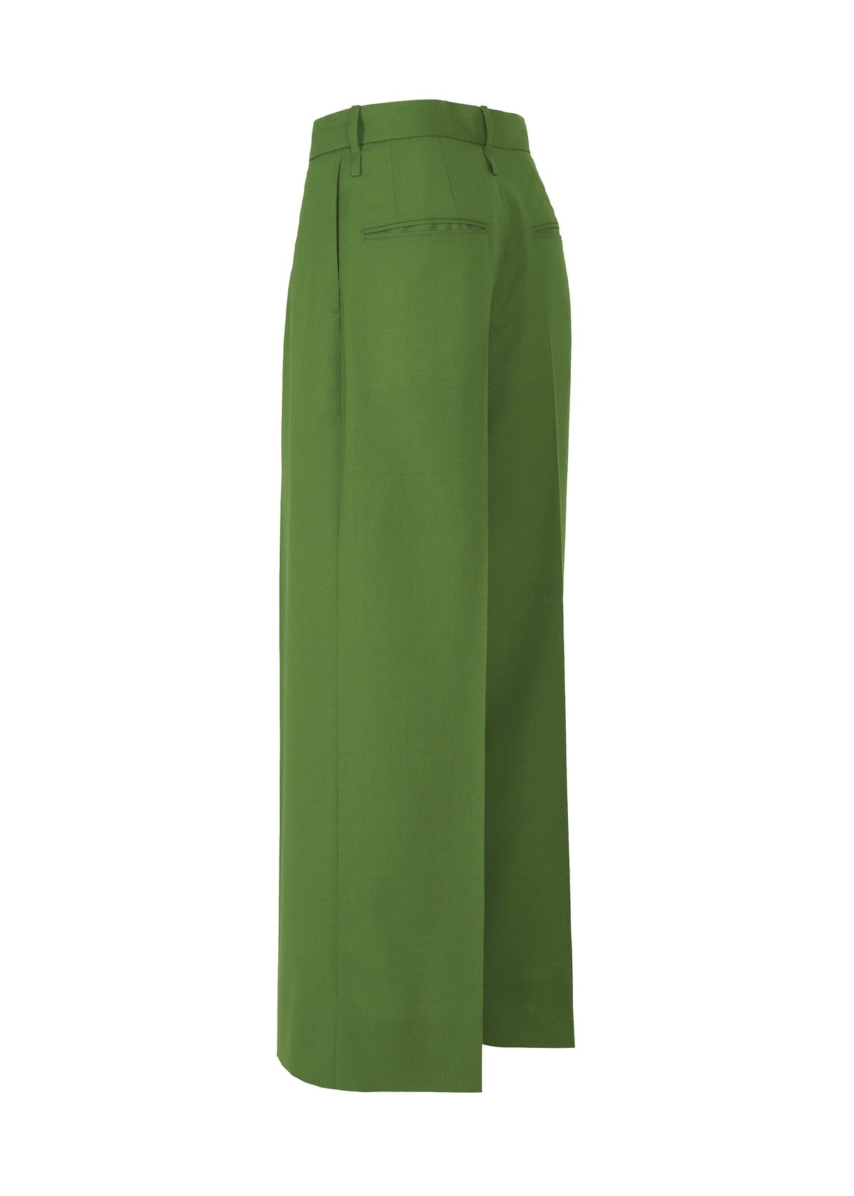 PALINDROME wide-leg green trousers by ISSEY MIYAKE feature belt loops and two back welt pockets, shown from a side angle on a white background. Their unique design adds modern style to any wardrobe. view 6 of 15