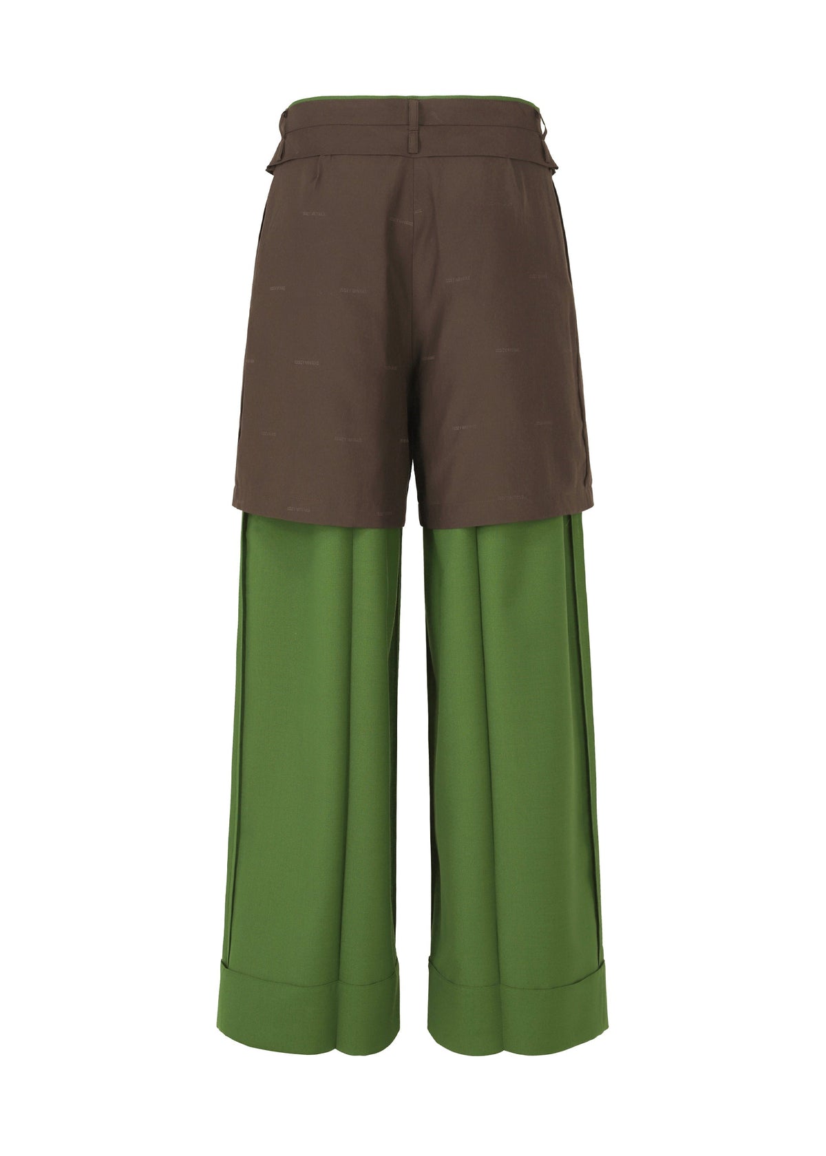 PALINDROME by ISSEY MIYAKE is a uniquely designed pair of pants, featuring dark brown shorts layered over wide-leg green trousers with large cuffs. view 7 of 15