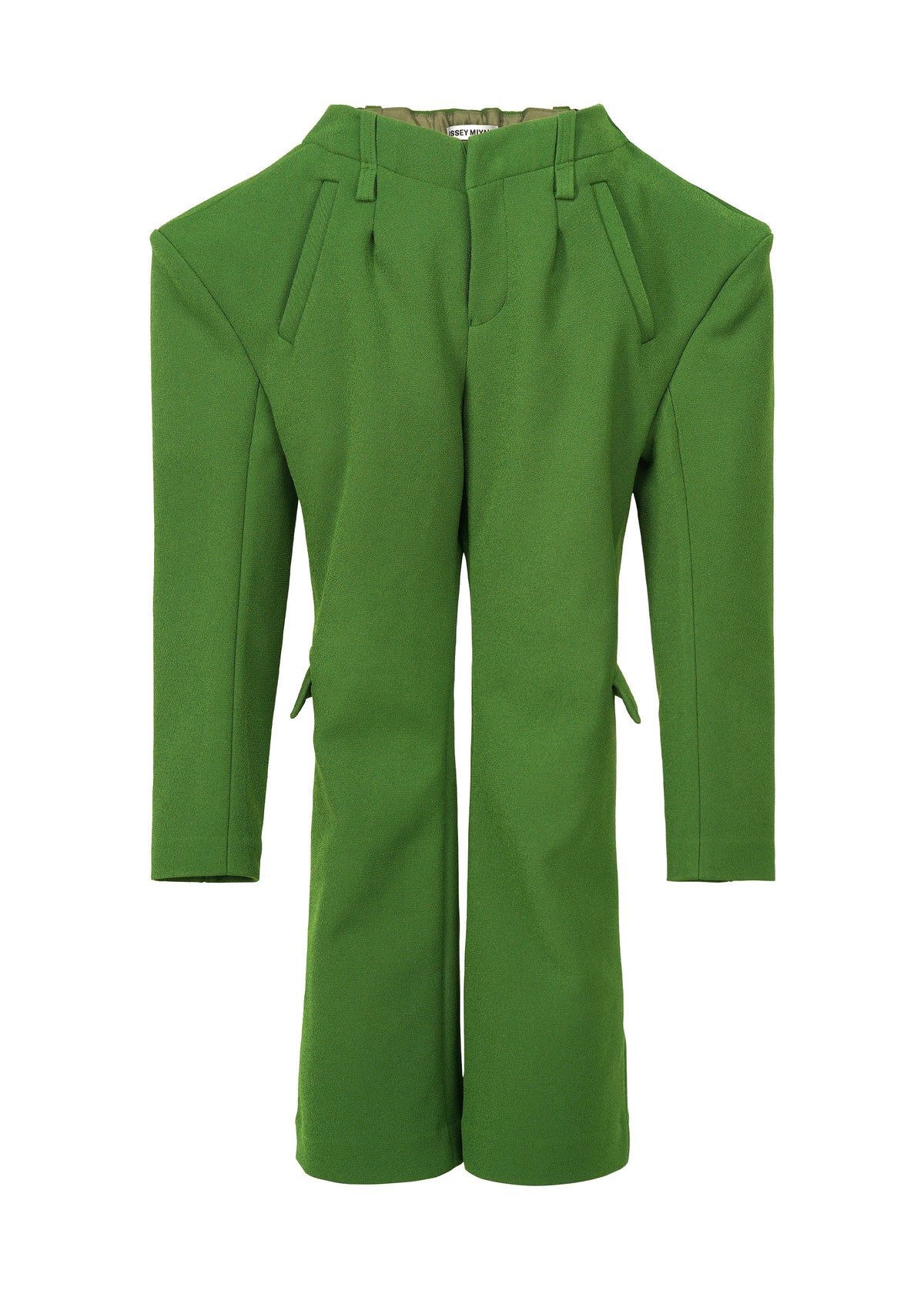 The ARMS by ISSEY MIYAKE is a pair of vibrant green pants with sleeves, blending pants and jacket features in one unique design. Made from stretch cotton for comfort, it’s shown against a plain white background. view 1 of 5
