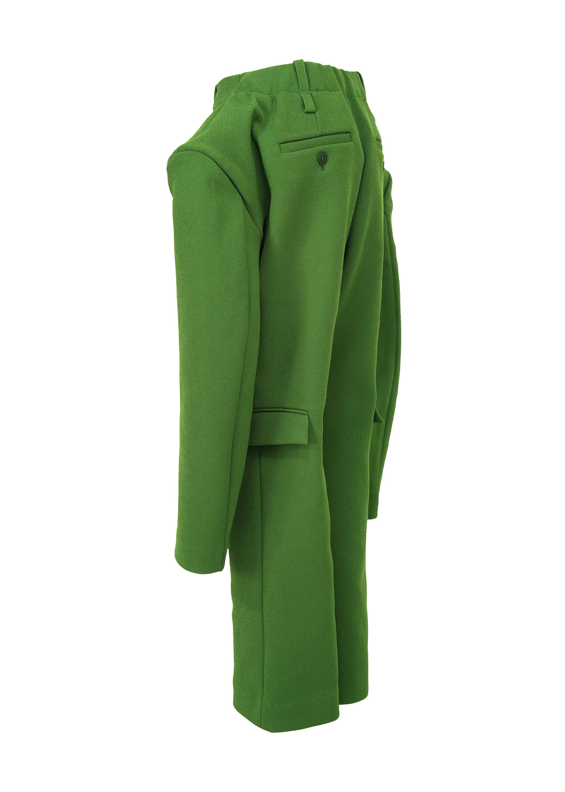 Zoomed view The ARMS suit by ISSEY MIYAKE features pants with sleeves that connect the jacket’s arms to the pant legs, creating a sculptural, abstract shape reminiscent of both a suit and a standing figure, displayed against a white background.