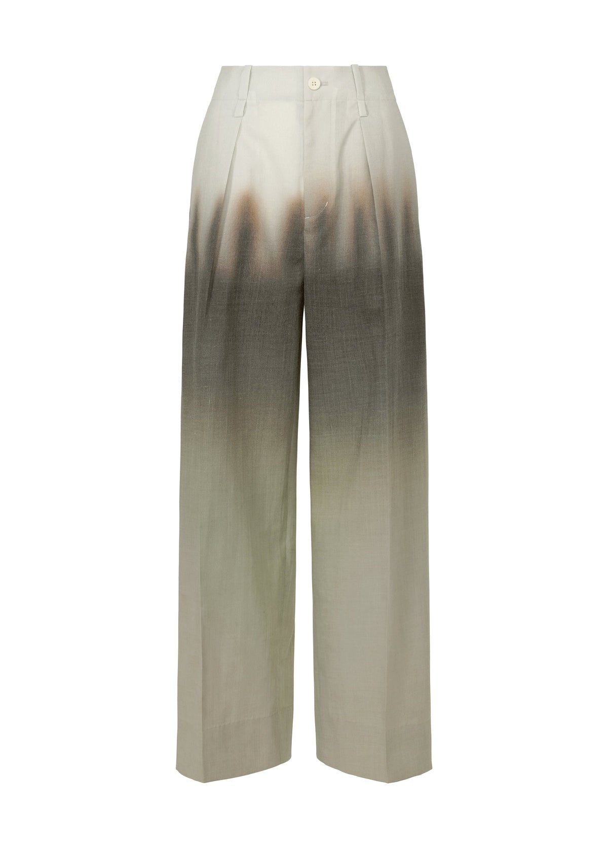 PLUMAGE by ISSEY MIYAKE are wide-legged, high-waisted pants with a hand-painted five-color gradient—from light grey at the hem to brownish-grey at the waist—plus belt loops and a front button closure. view 1 of 9