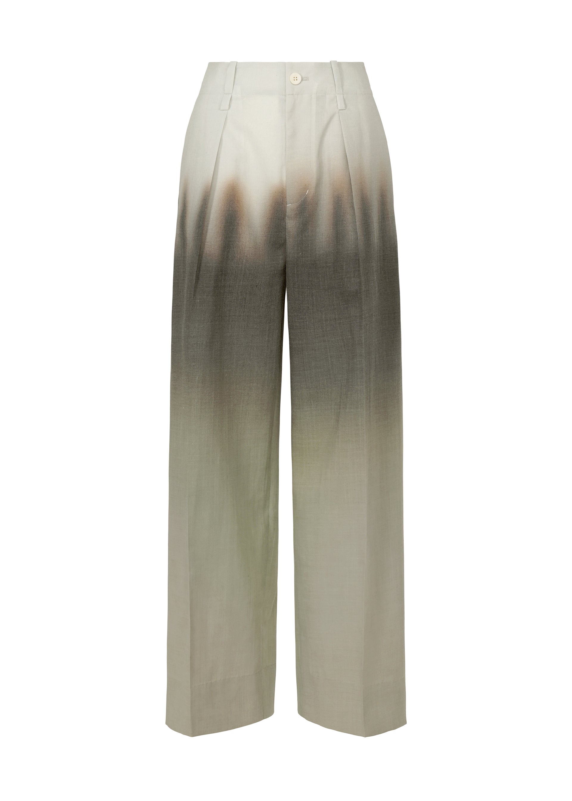 Zoomed view PLUMAGE by ISSEY MIYAKE are wide-legged, high-waisted pants with a hand-painted five-color gradient—from light grey at the hem to brownish-grey at the waist—plus belt loops and a front button closure. - CHUKAR （no.96）