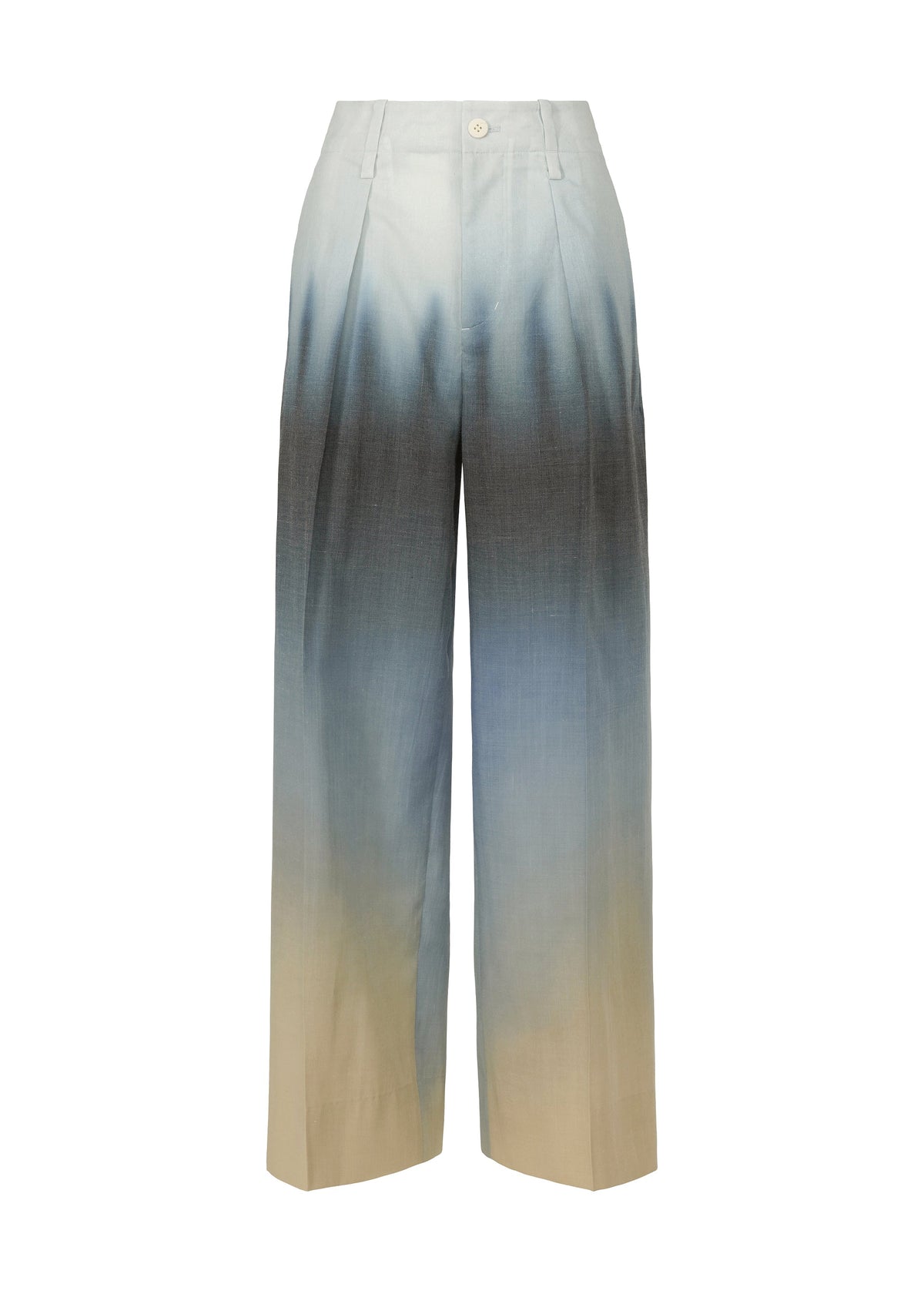 ISSEY MIYAKE’s PLUMAGE trousers are high-waisted and wide-leg, inspired by Kyoto artisan pants, with a five-color gradient ombre that fades from light beige at the hem to blue and gray near the waist. view 2 of 9