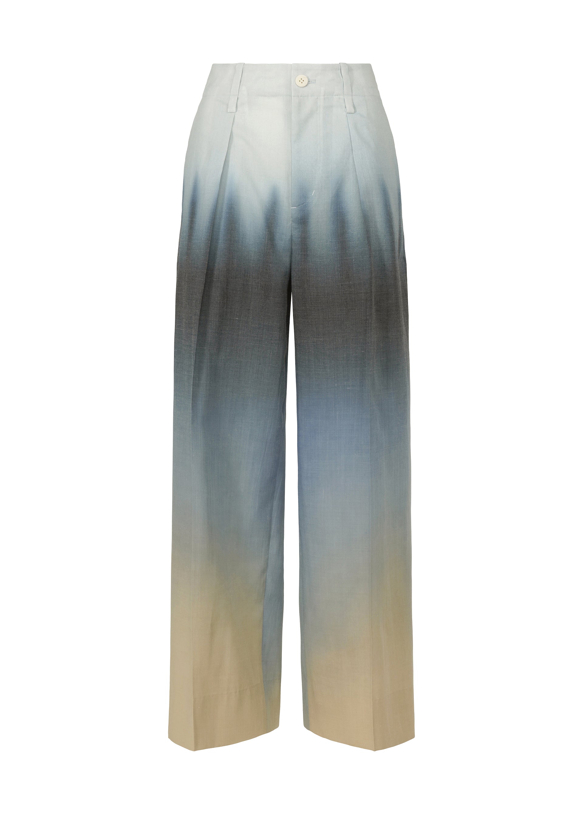Zoomed view ISSEY MIYAKE’s PLUMAGE trousers are high-waisted and wide-leg, inspired by Kyoto artisan pants, with a five-color gradient ombre that fades from light beige at the hem to blue and gray near the waist. - STARLING （no.97）