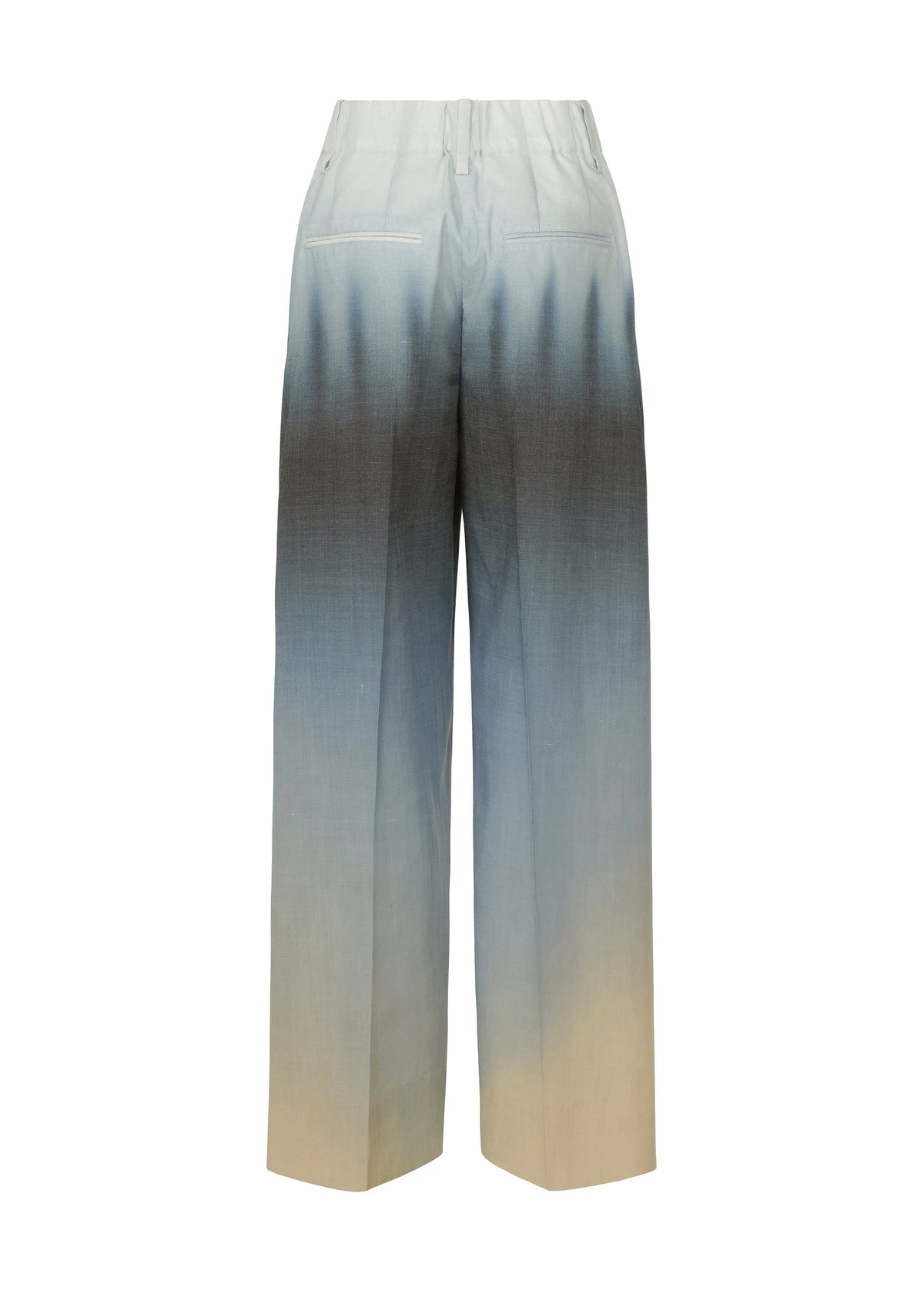 Back view of ISSEY MIYAKE PLUMAGE pants: high-waisted artisan design with hand-painted wide pattern and a five-color gradient shifting from light beige at the hem to deep gray near the waistband. view 3 of 9