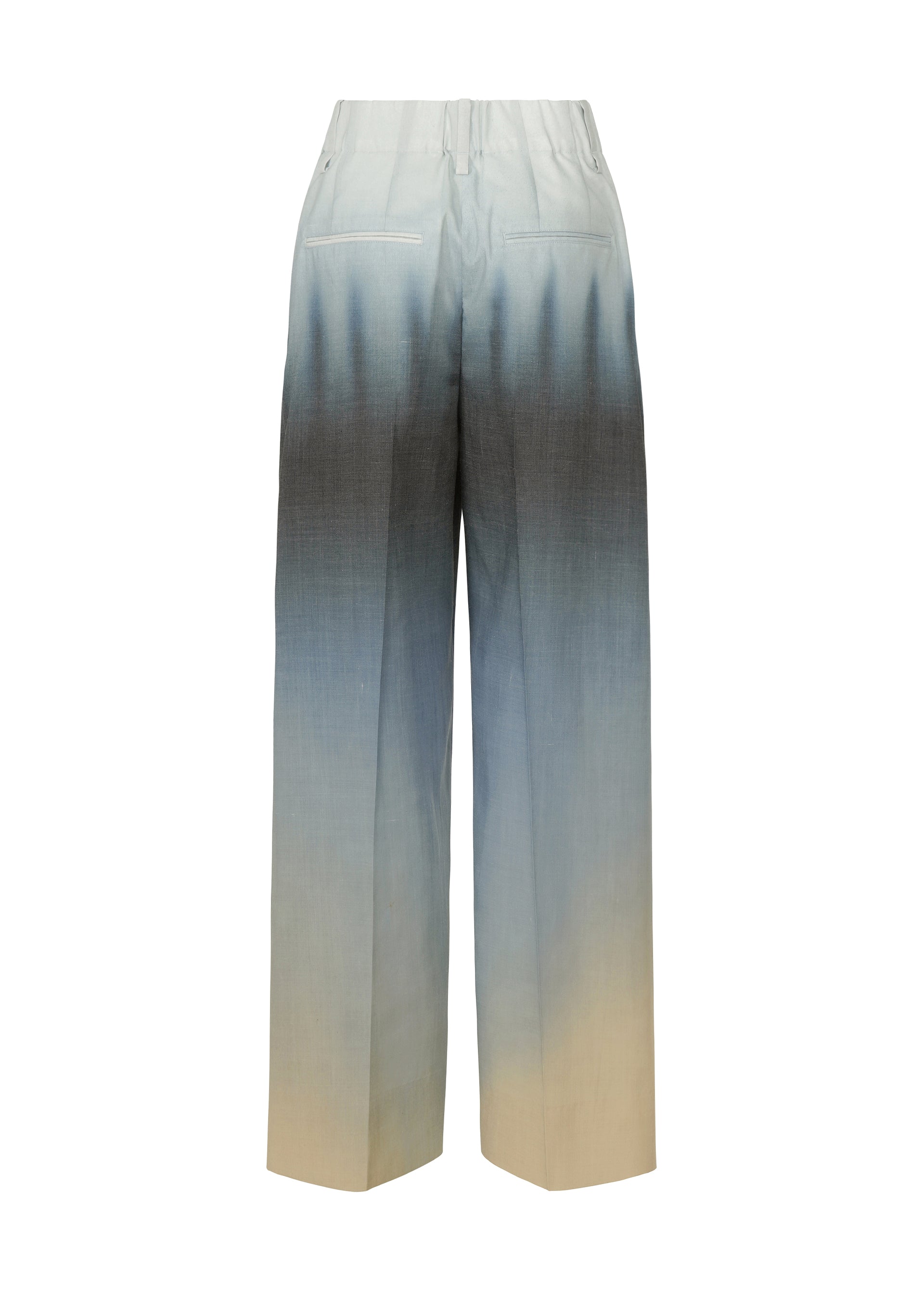 Zoomed view Back view of ISSEY MIYAKE PLUMAGE pants: high-waisted artisan design with hand-painted wide pattern and a five-color gradient shifting from light beige at the hem to deep gray near the waistband.