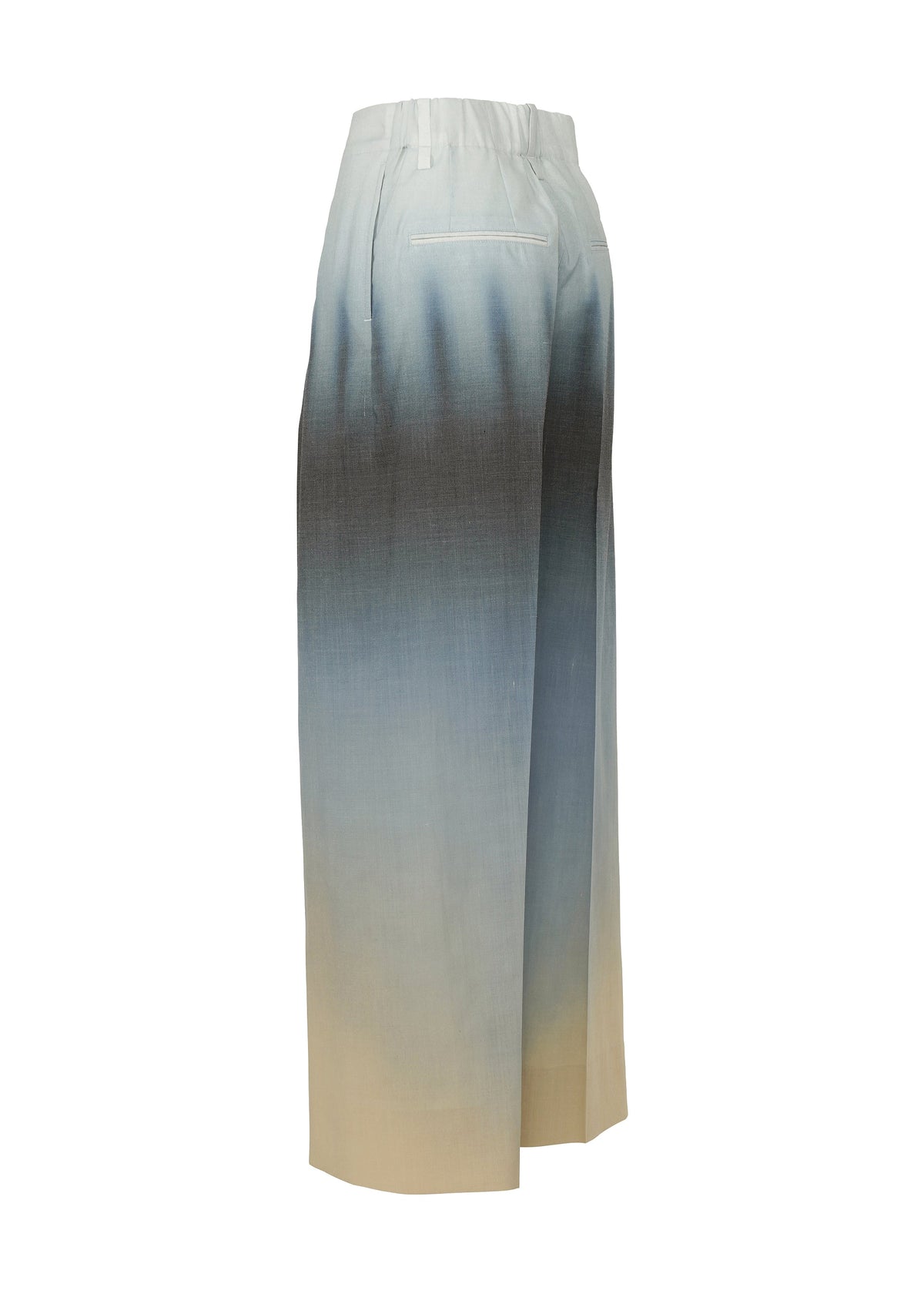 PLUMAGE by ISSEY MIYAKE: High-waisted, wide-leg artisan pants with a five-color ombré gradient from light beige hem to dark gray and light blue waistband, tailored seams, and back welt pocket. view 4 of 9
