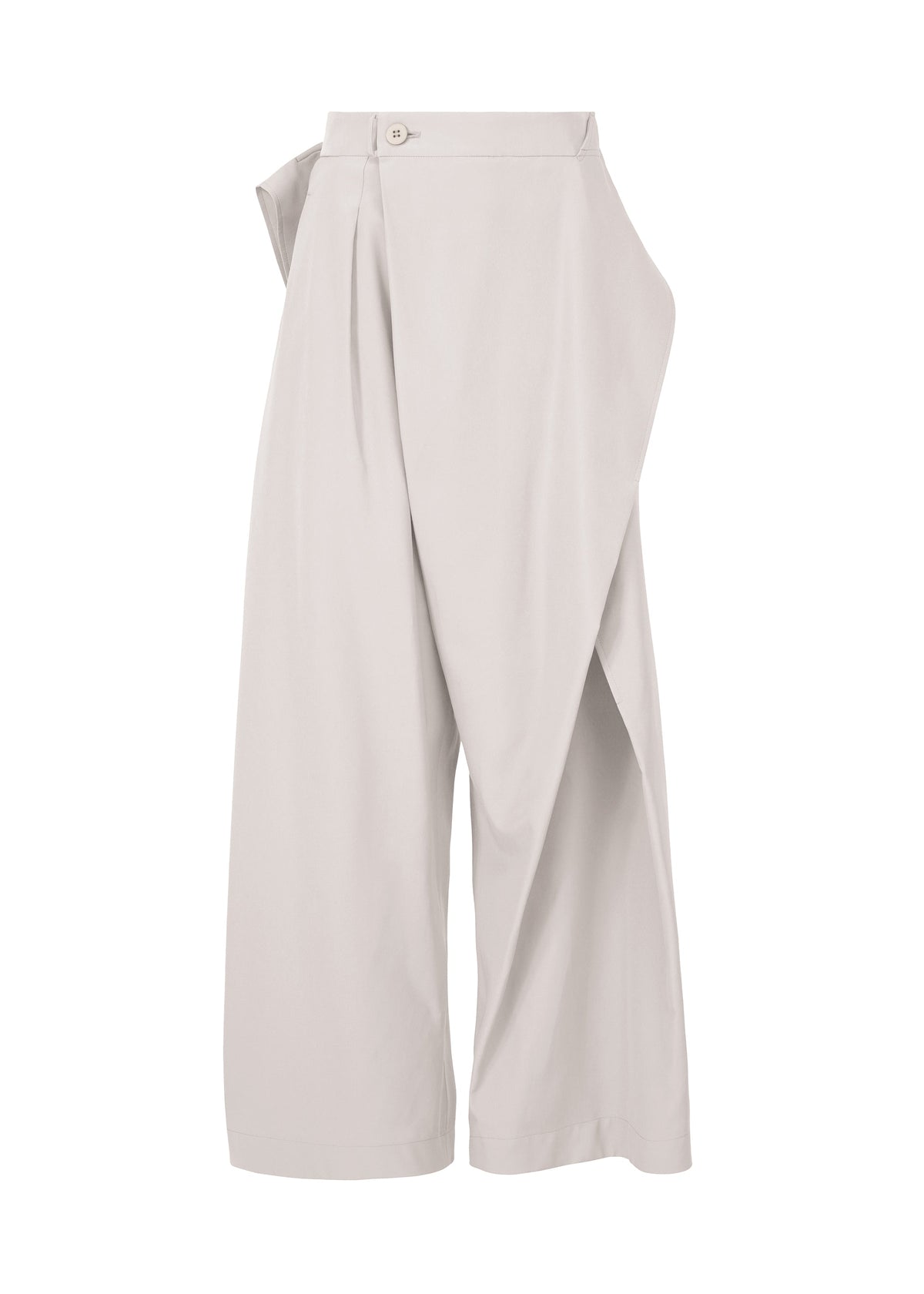 The FLUTTERING PANTS by ISSEY MIYAKE are high-waisted, wide-leg light beige trousers in a matte double-woven fabric, featuring an asymmetric wrap front, buttoned waistband, and a draped modern silhouette. view 1 of 9